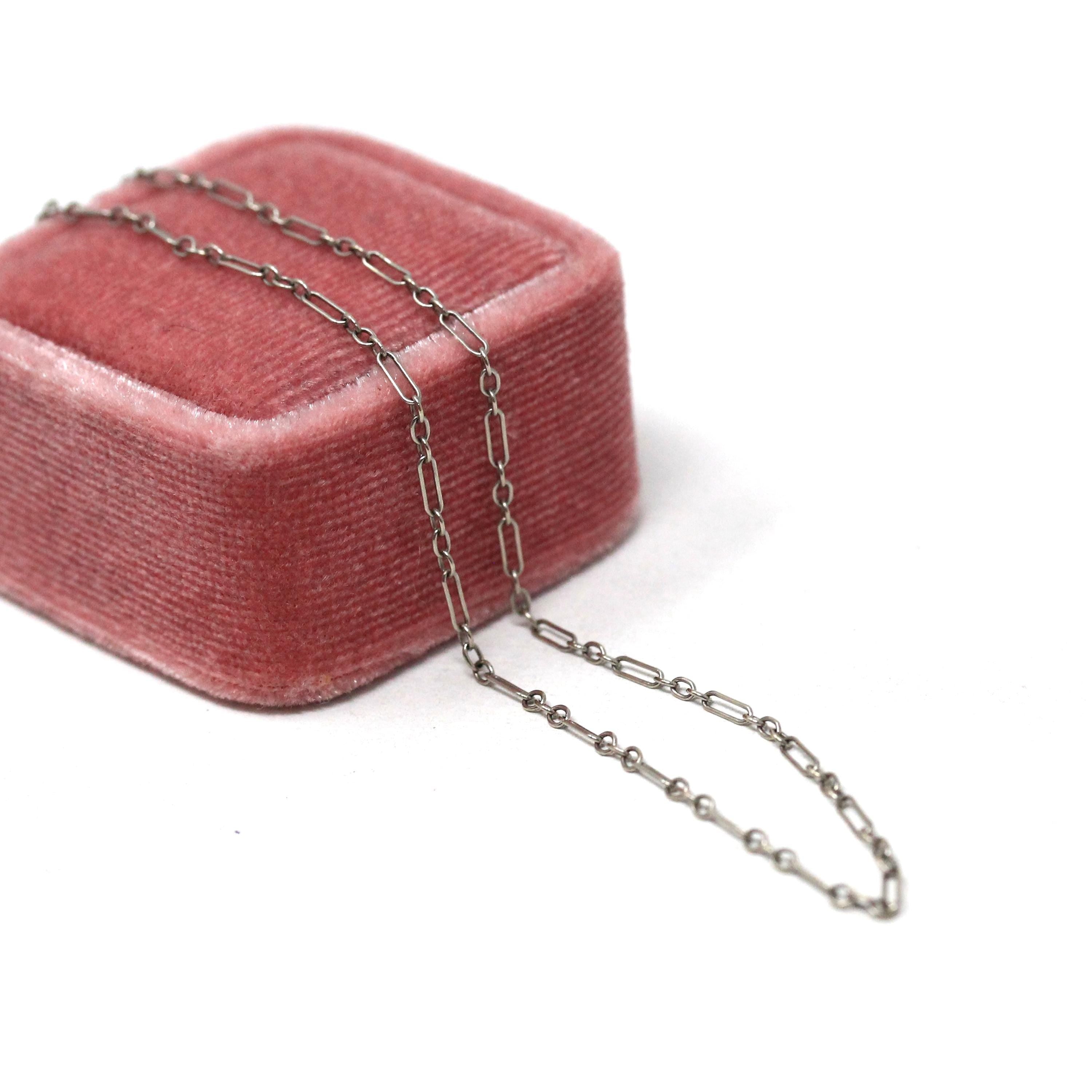 Vintage Chain Necklace - Art Deco 14k White Gold Decorative Paper Clip Link - Circa 1920s Era Spring Ring Clasp Dainty Accessory Jewelry