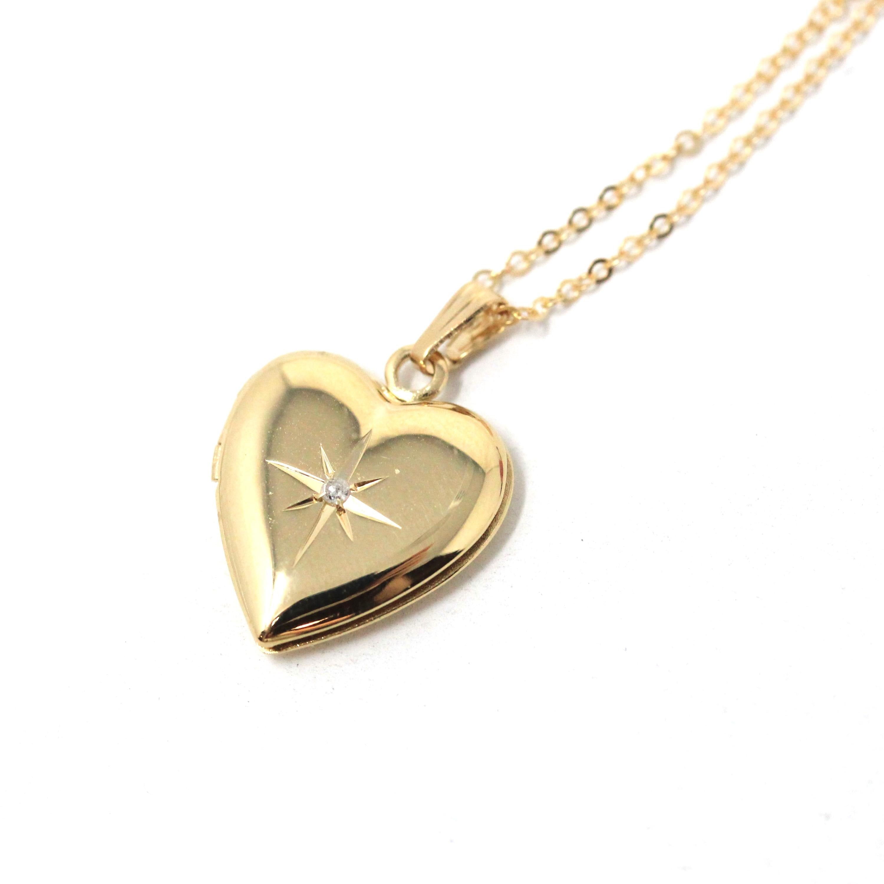 Diamond Heart Locket - Estate 14k Yellow Gold Star Incised Natural Diamond Necklace Pendant - Modern 2000's Charm Photograph Fine Jewelry