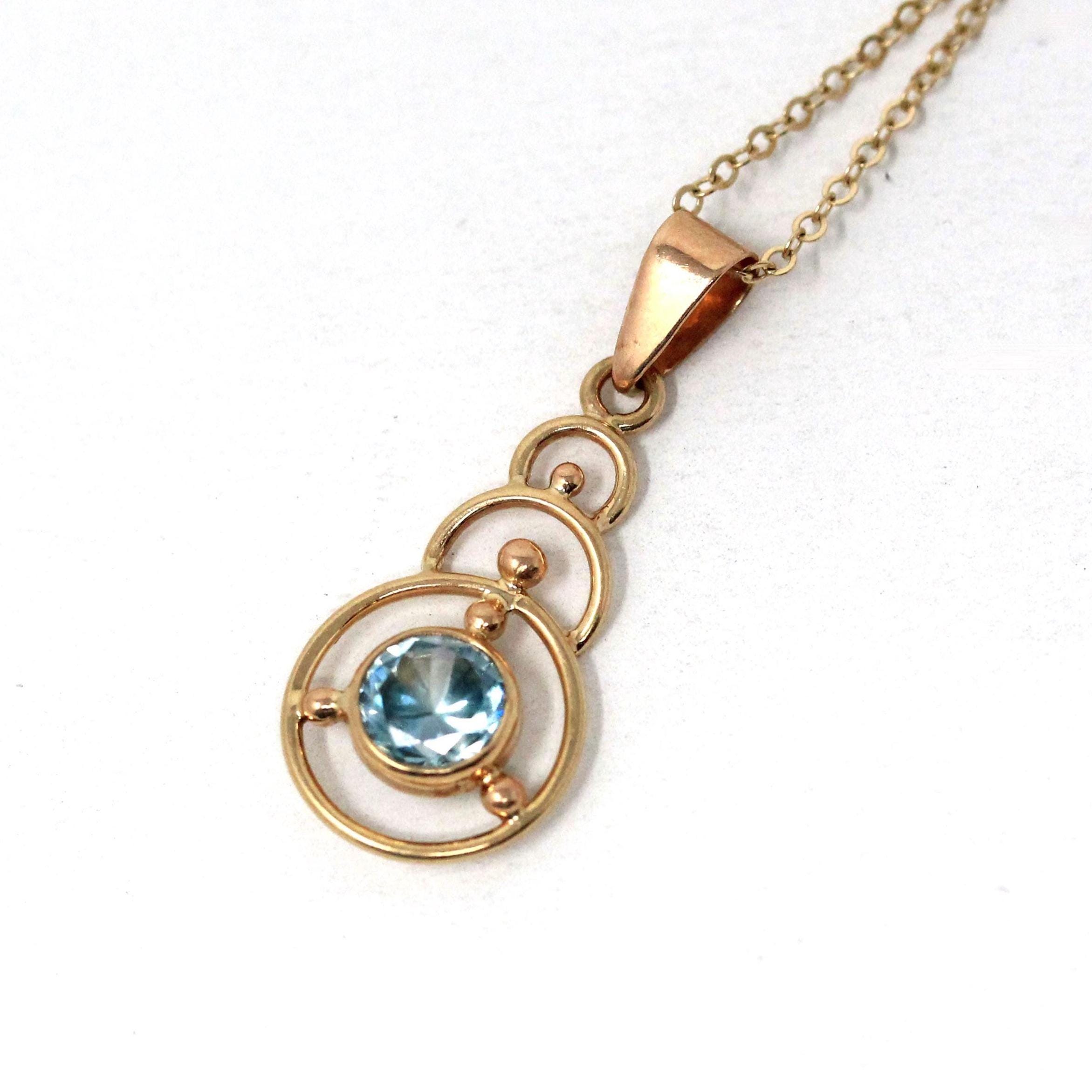 Vintage Zircon Pendant - Mid Century 10k Yellow Gold Natural Blue Gemstone Charm Necklace - Circa 1940s Era Open Metal Fine 40s Gem Jewelry