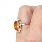 Vintage Amber Ring - Modern 14k Rose Gold Oval Cabochon Cut Bezel Set Fossilized Tree Resin - Circa 1990s Size 7 1/2 Statement Fine Jewelry