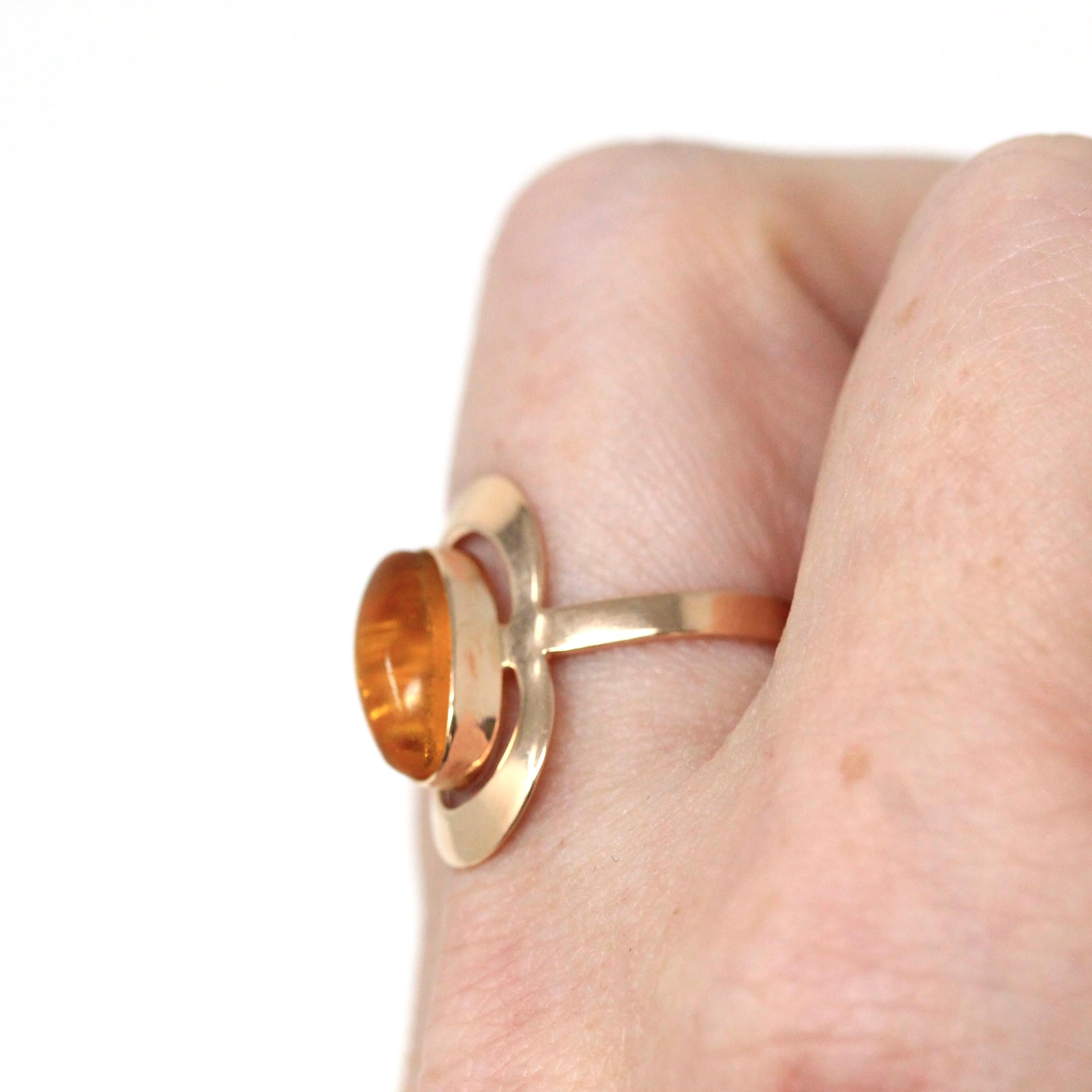 Vintage Amber Ring - Modern 14k Rose Gold Oval Cabochon Cut Bezel Set Fossilized Tree Resin - Circa 1990s Size 7 1/2 Statement Fine Jewelry