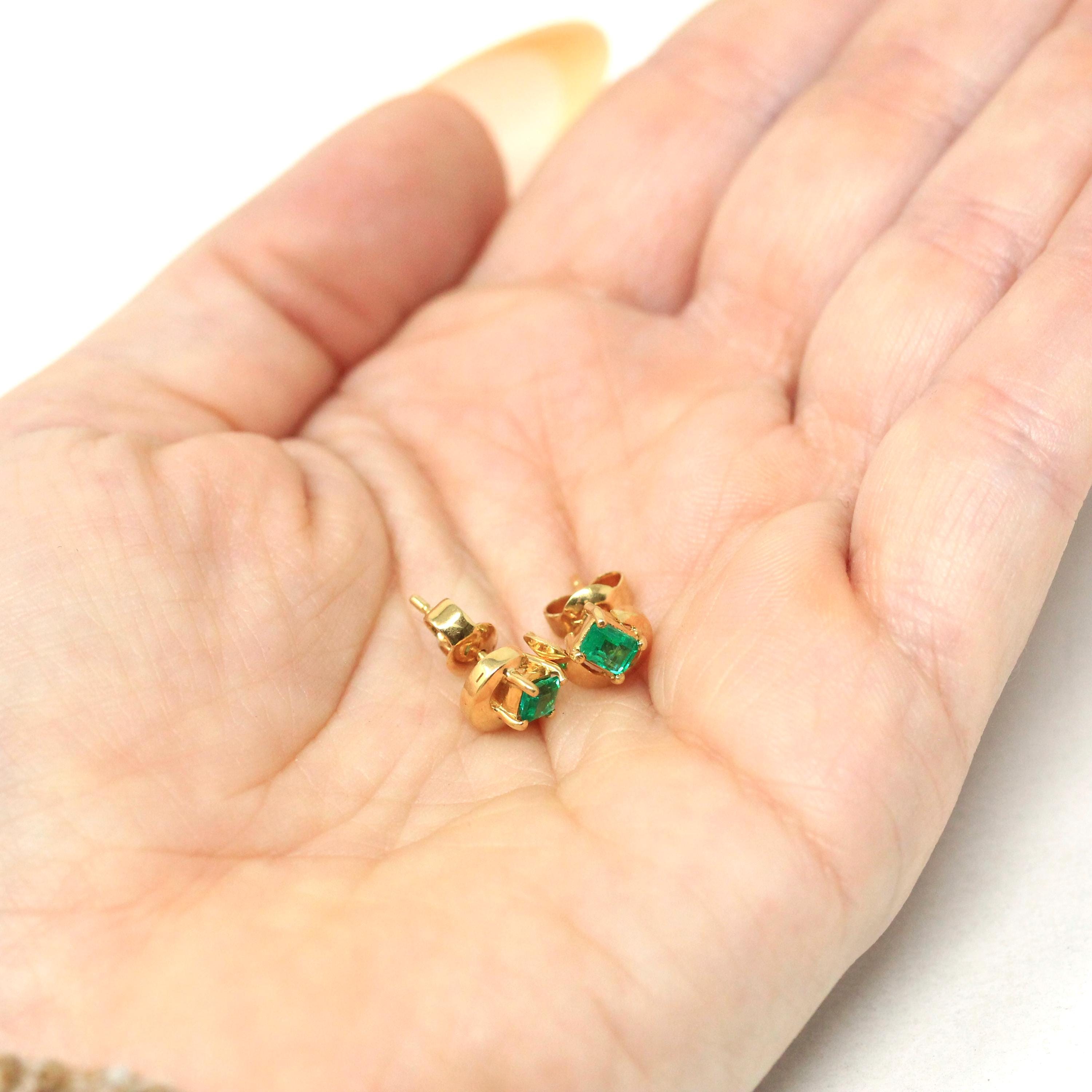 Emerald Stud Earrings - Modern 18k Yellow Gold Natural Emerald Cut Gemstone Pierced Swirl - Estate Circa 1990's Fine May Birthstone Jewelry