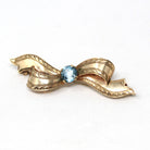 Vintage Bow Brooch - Mid Century 10k Yellow Gold Light Blue Zircon Gemstone Pin - Circa 1940s Era Figural Ribbon Fine Fashion Accessory