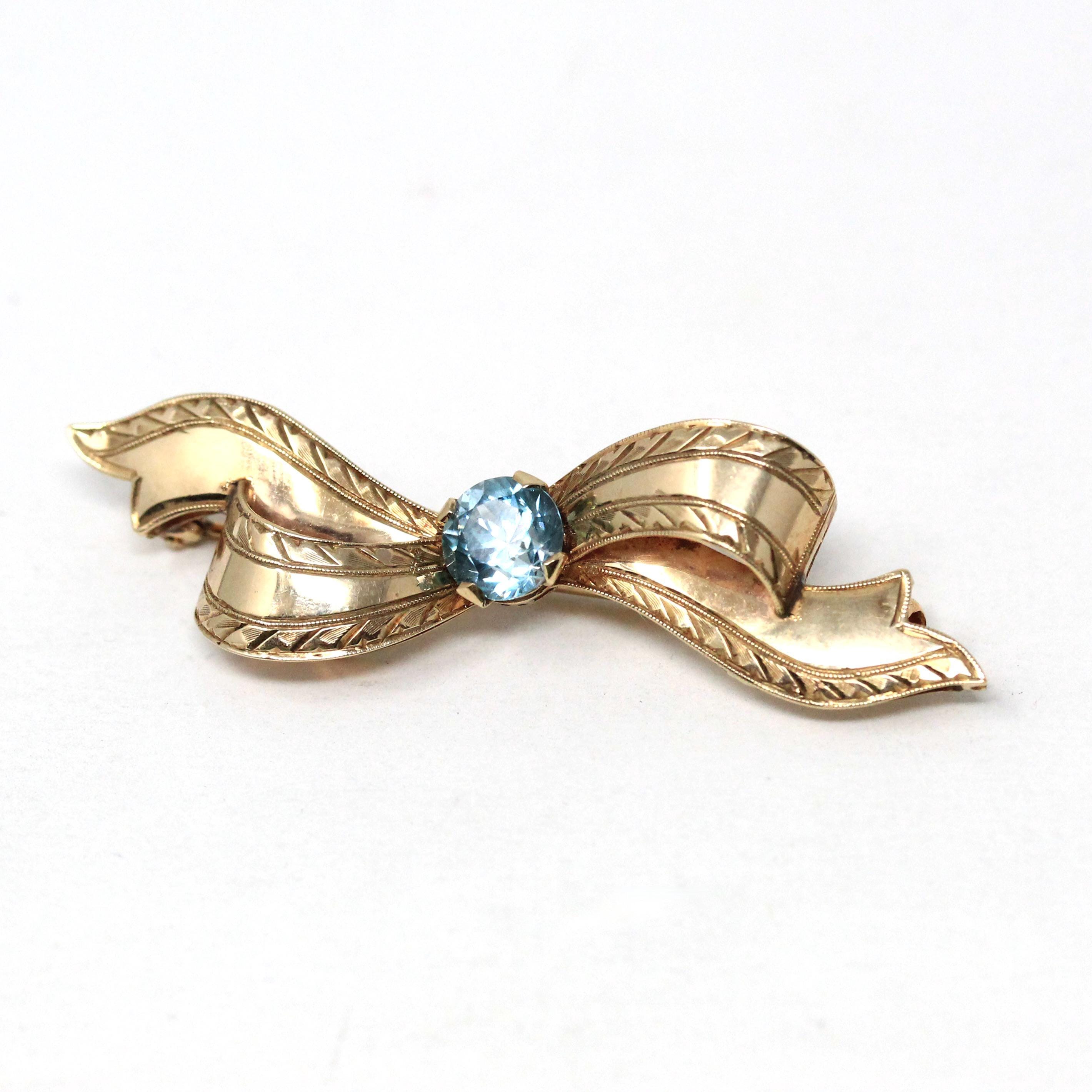 Vintage Bow Brooch - Mid Century 10k Yellow Gold Light Blue Zircon Gemstone Pin - Circa 1940s Era Figural Ribbon Fine Fashion Accessory