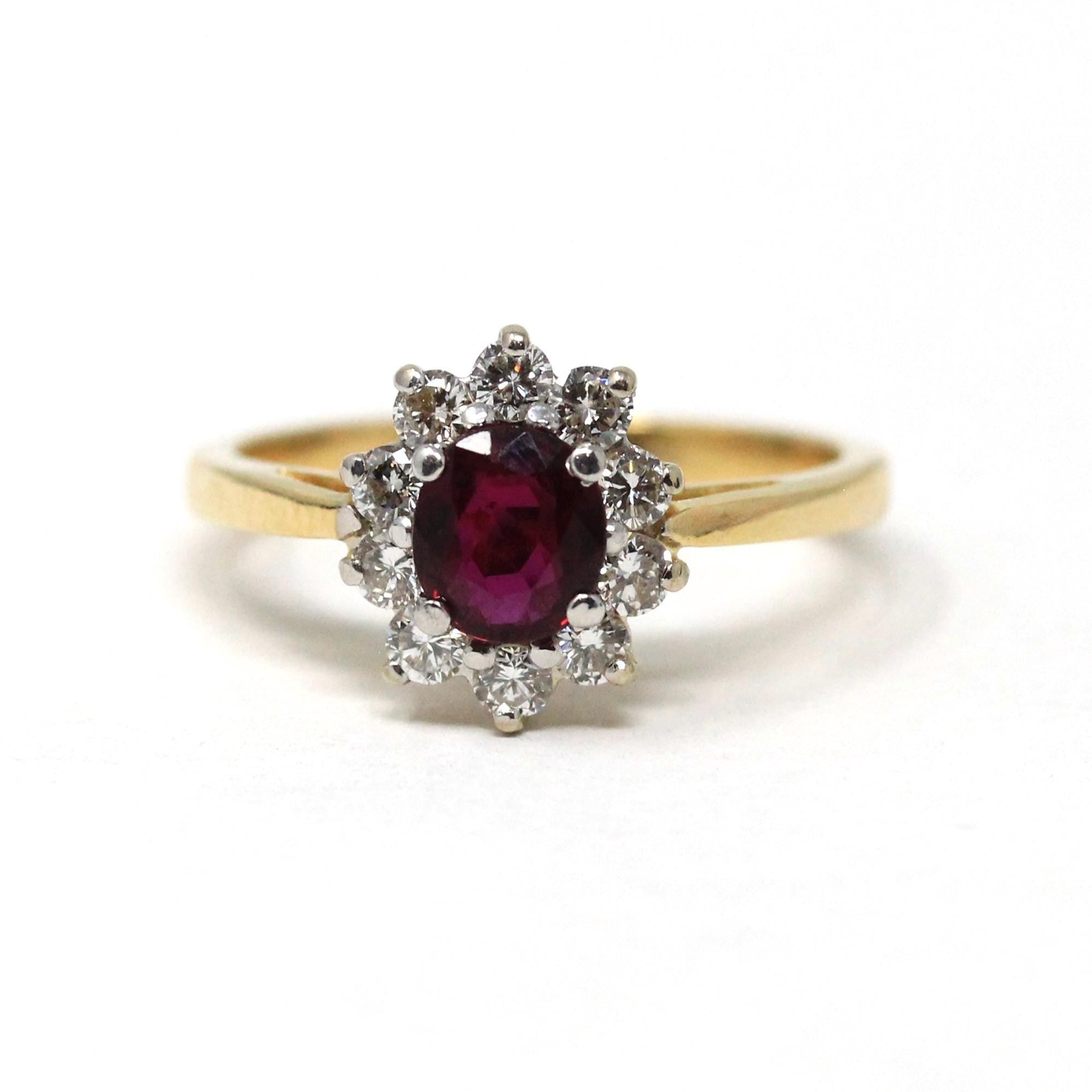 Ruby & Diamond Halo Ring - Modern Era Estate 18k Yellow Gold Prong Natural Red Gemstone Flower Cluster - Circa 2000s Engagement Fine Jewelry