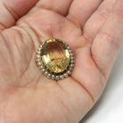 Antique Citrine Brooch - Edwardian 10k Yellow Gold Natural Yellow Quartz Gemstone Simulated Pearls Halo Pin - Vintage 1910s Era Fine Jewelry