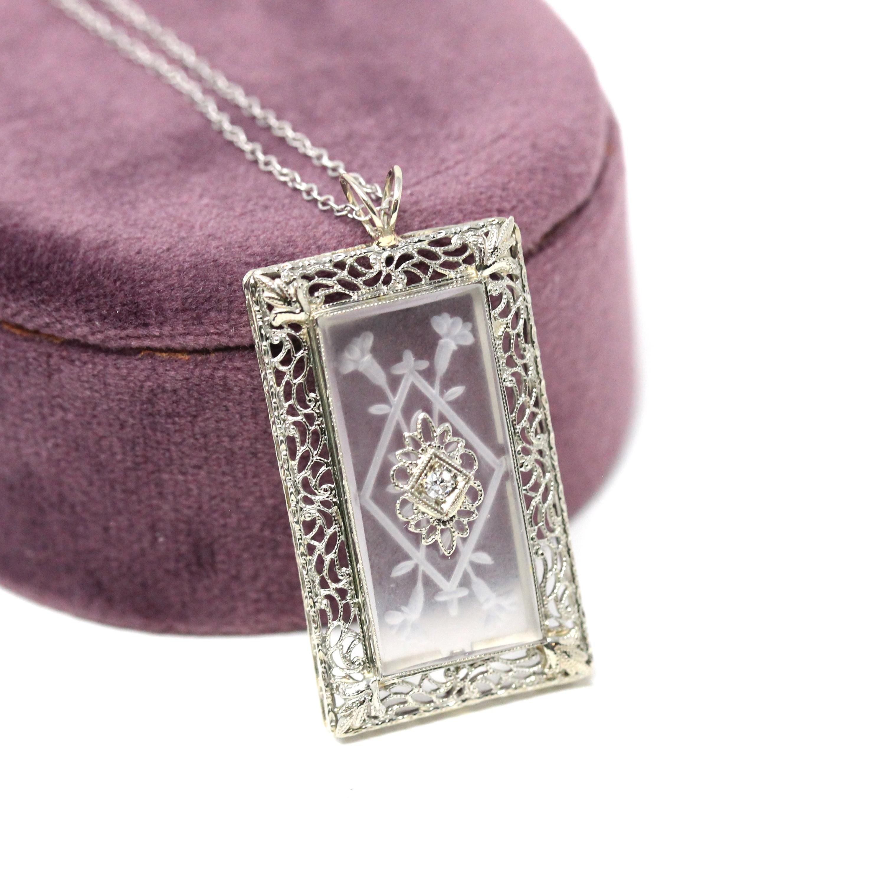 Rock Crystal Quartz Necklace - Art Deco 14k White Gold Natural Diamond Pendant - Antique Circa 1920s Era Statement Filigree Fine 20s Jewelry