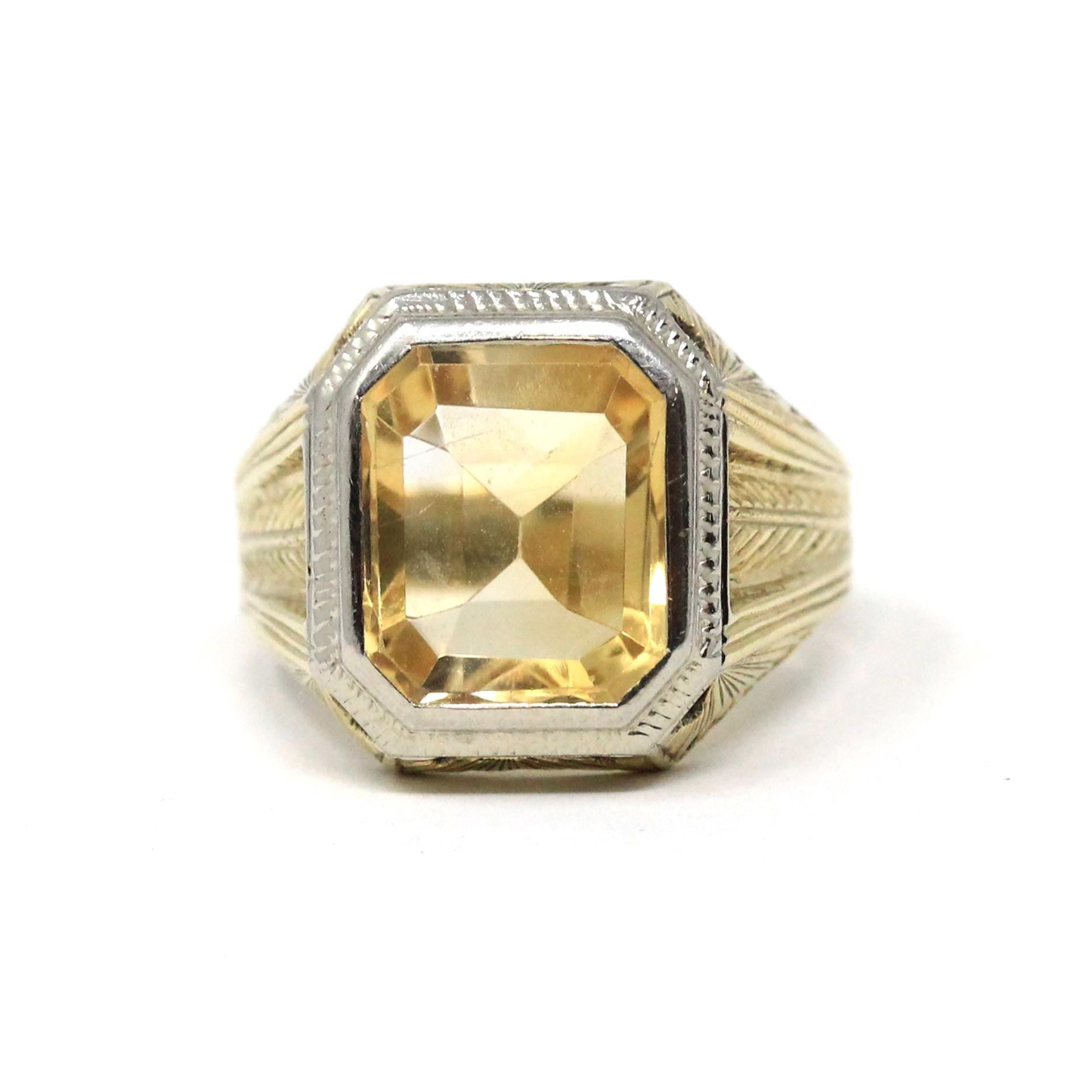 Antique Citrine Ring - Art Deco Era 14k Yellow White Gold Men's Unisex Wheat Design Statement - Vintage Dated 1926 Size 8 3/4 Fine Jewelry