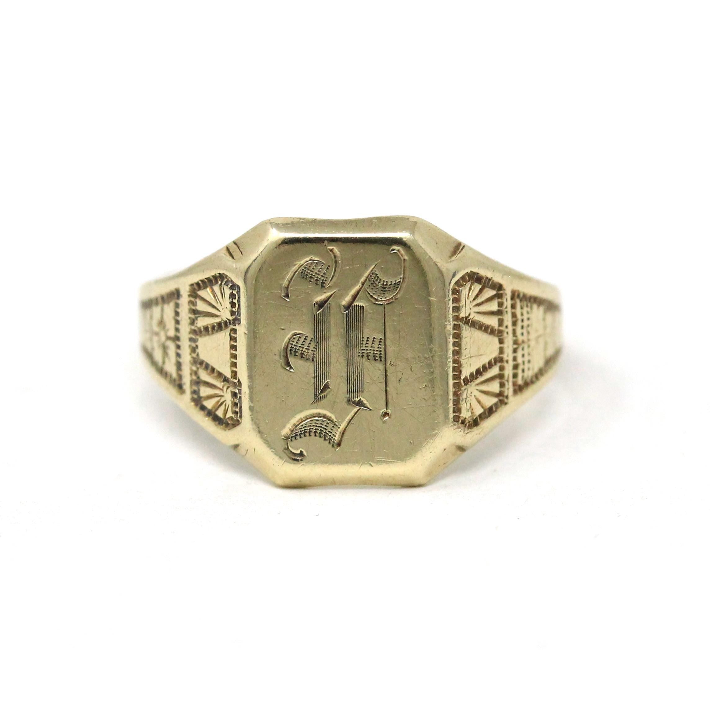 Vintage "F" Signet Ring - Art Deco Era 10k Yellow Gold Engraved Letter Initial Unisex - Antique 1920s Size 5 3/4 Ostby & Barton Fine Jewelry