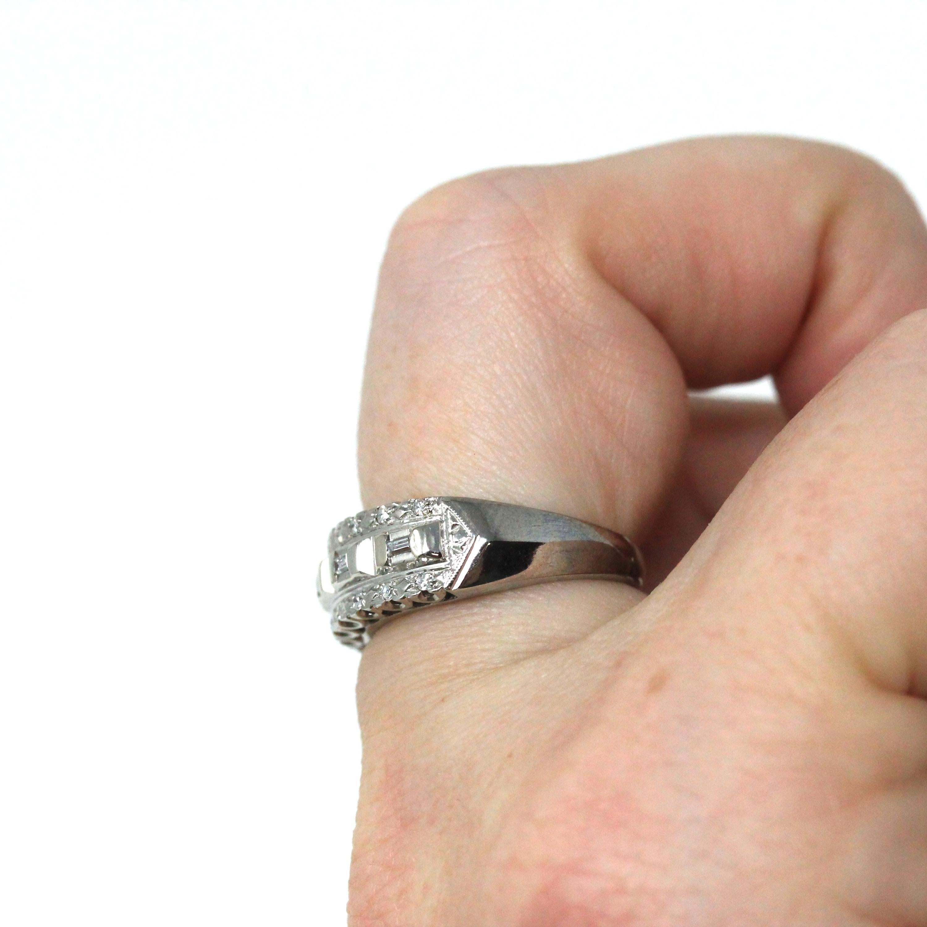 Mid Century Diamond Ring - Vintage 14k White Gold Natural Baguette Gemstones Wedding Band - Circa 1950s Size 5 1/4 Stacking Fine 50s Jewelry