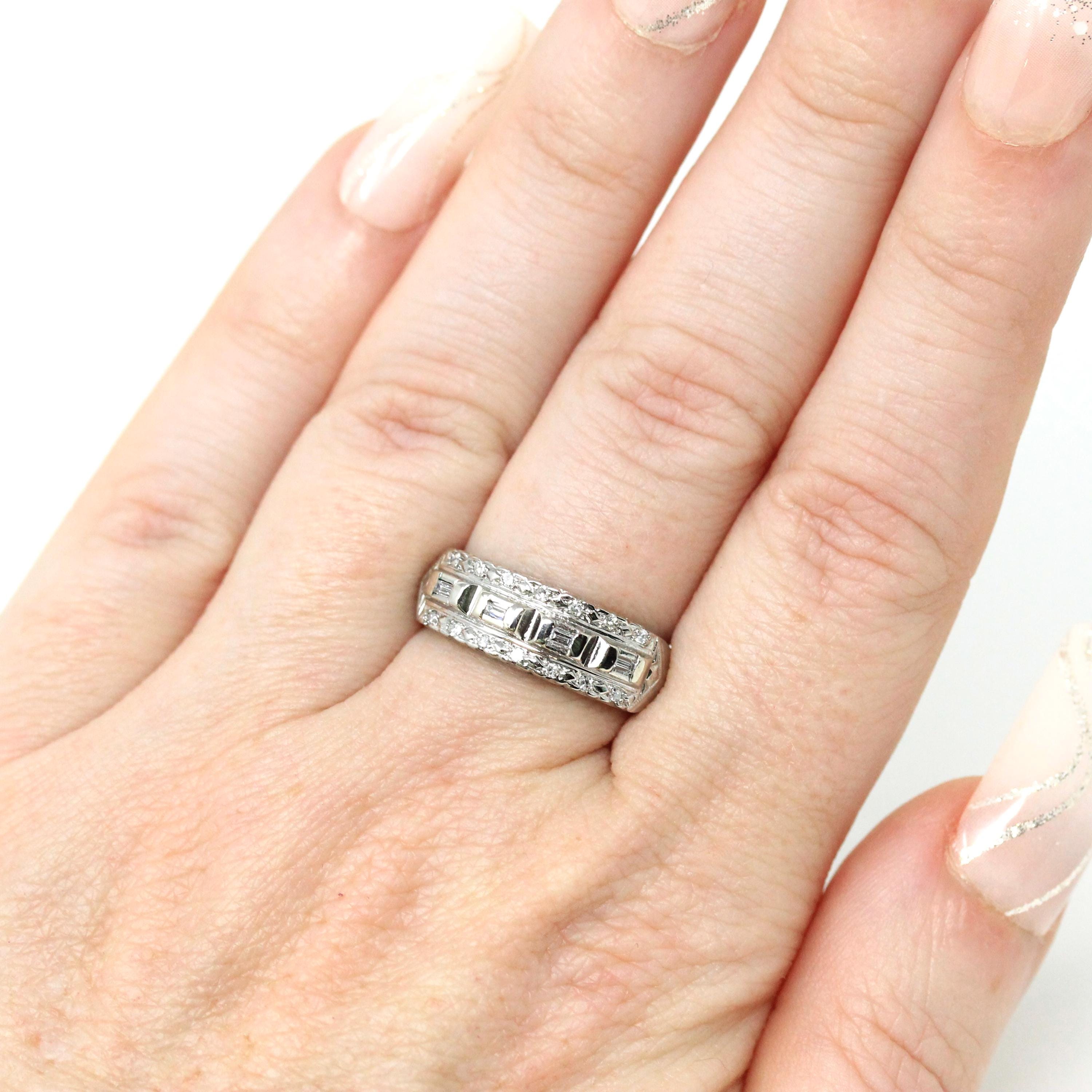 Mid Century Diamond Ring - Vintage 14k White Gold Natural Baguette Gemstones Wedding Band - Circa 1950s Size 5 1/4 Stacking Fine 50s Jewelry