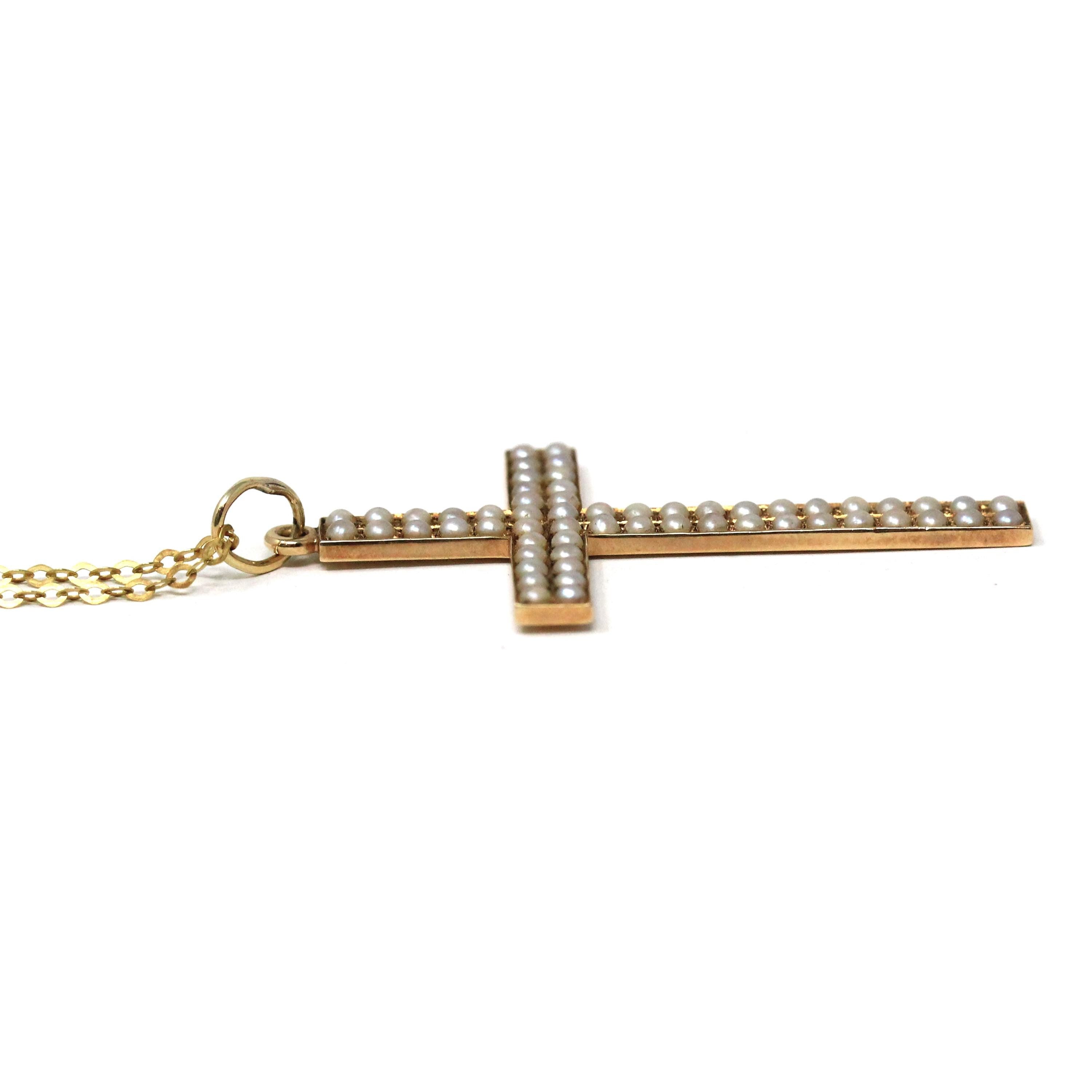 Antique Cross Pendant - Edwardian 14k Yellow Gold Seed Pearls Statement Charm Necklace - Vintage Circa Early 1900s Era 2 inch Fine Jewelry