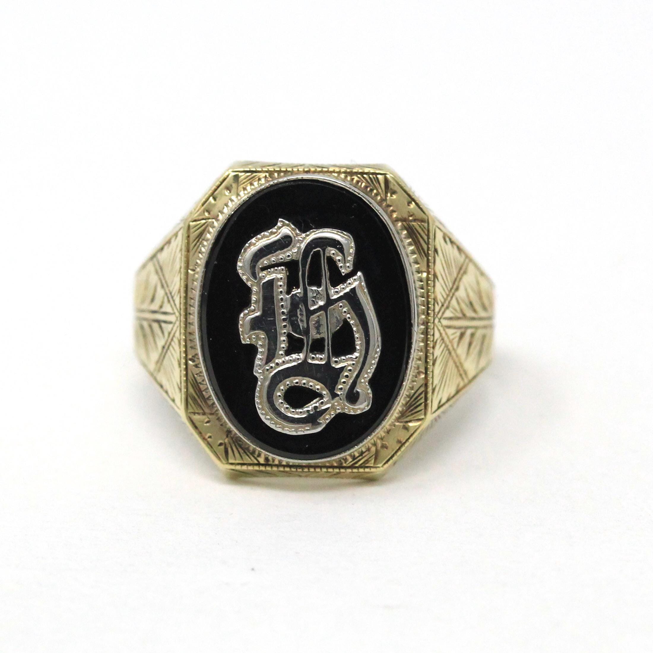 Letter "H" Ring - Art Deco 10k Yellow Gold Black Onyx Old English Initial - Vintage 1930s Signet Size 9 1/2 Statement Unisex Fine Jewelry