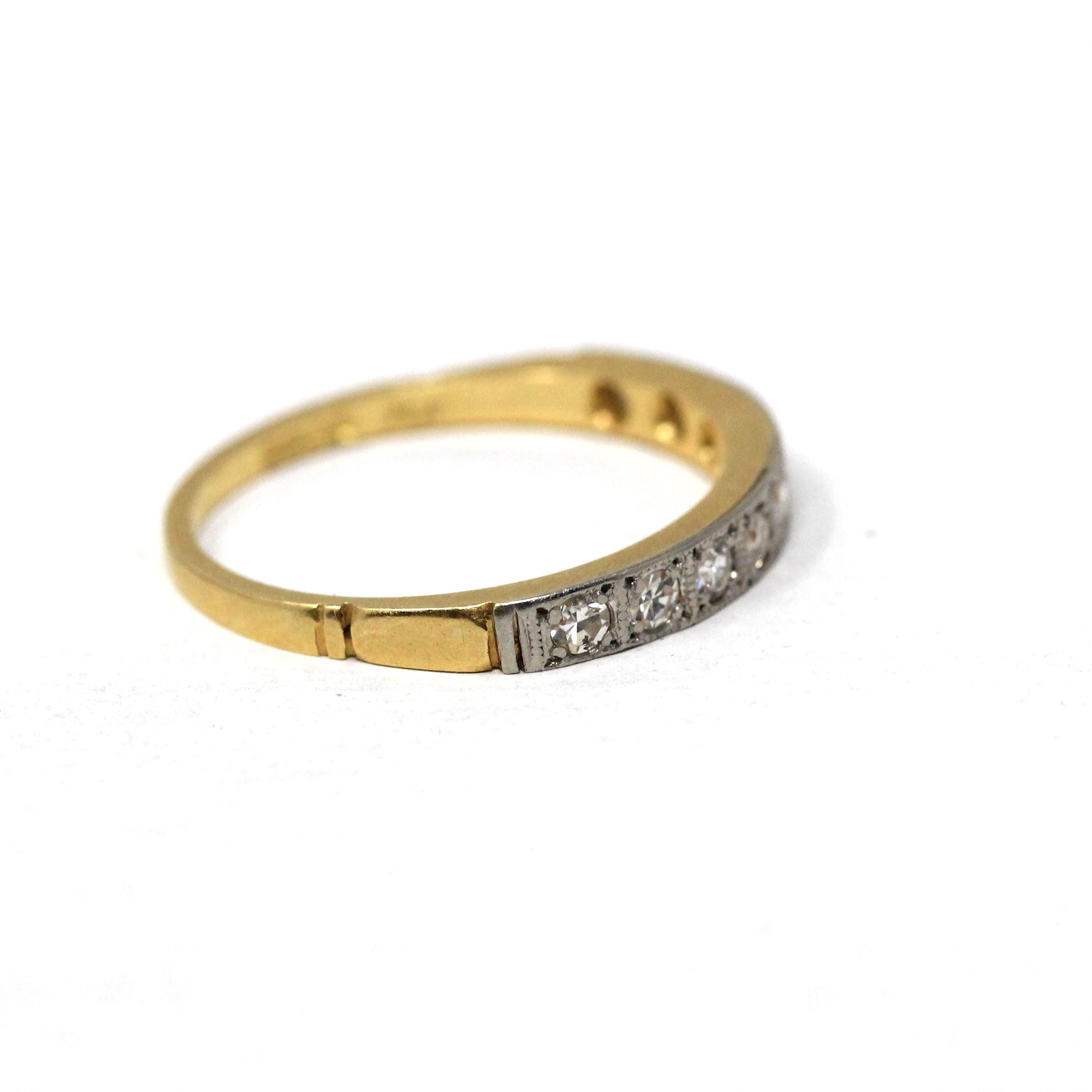 Diamond Wedding Band - Mid Century 18k Yellow Gold & Platinum Half Eternity Ring - Hallmarked 1942 Size 8 Fine Two Tone Bridal Band Jewelry