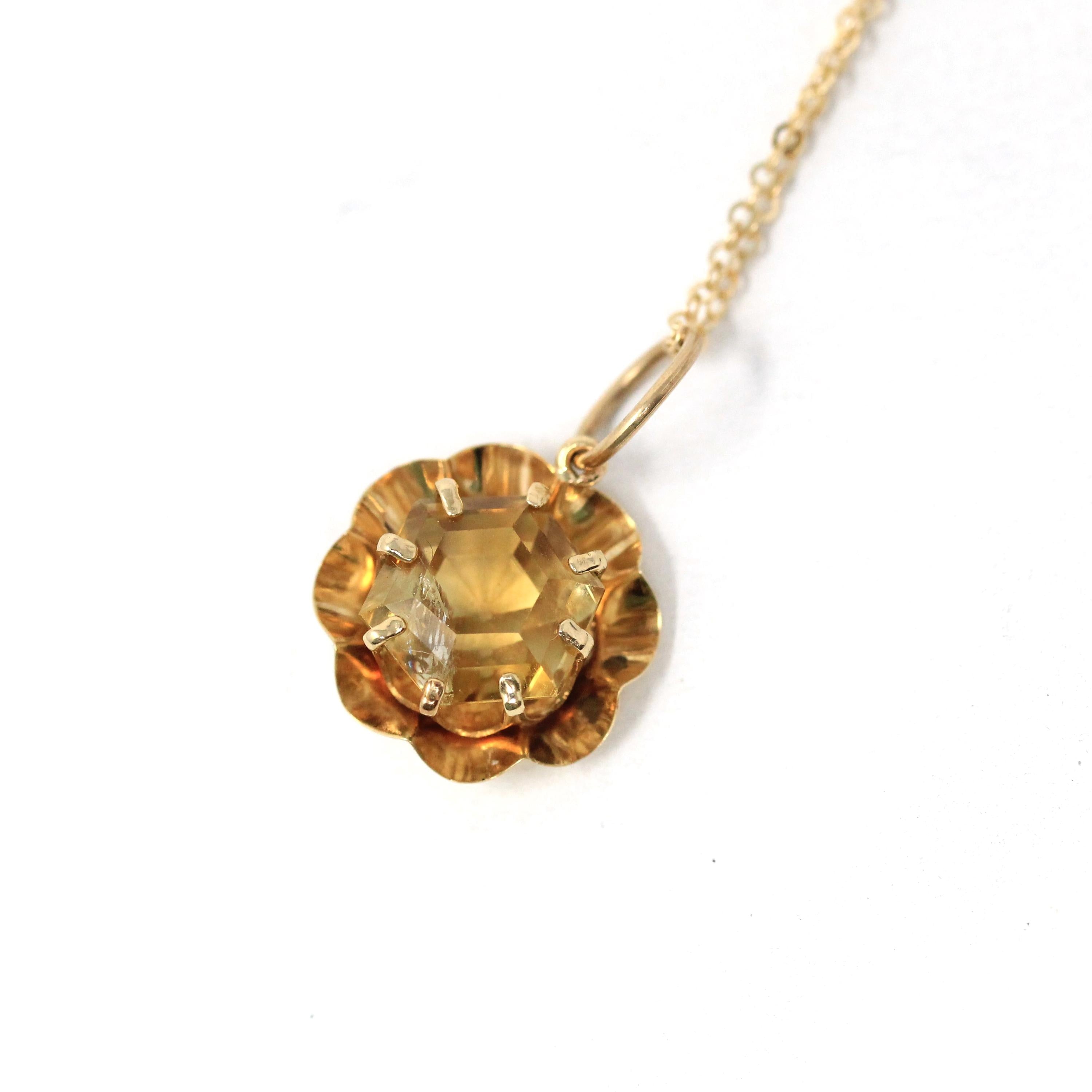 Vintage Citrine Charm - Retro 10k Yellow Gold Natural Yellow Hexagonal Gemstone Pendant Necklace - Circa 1960s Flower Fine Statement Jewelry