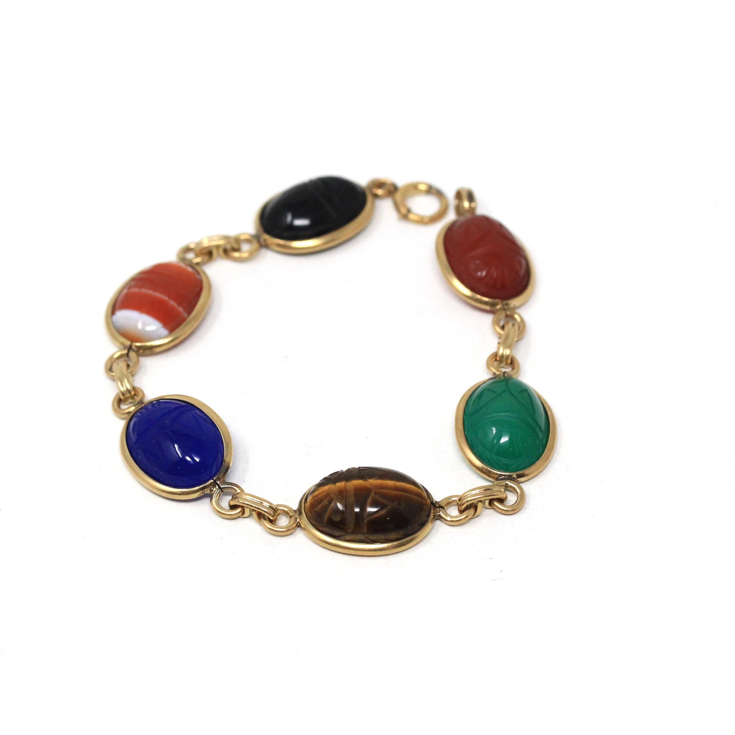 Vintage Scarab Bracelet - Retro 12k Yellow Gold Filled Carved Gemstones - Circa 1960s Era Egyptian Revival Tigers Eye Chalcedony Jewelry