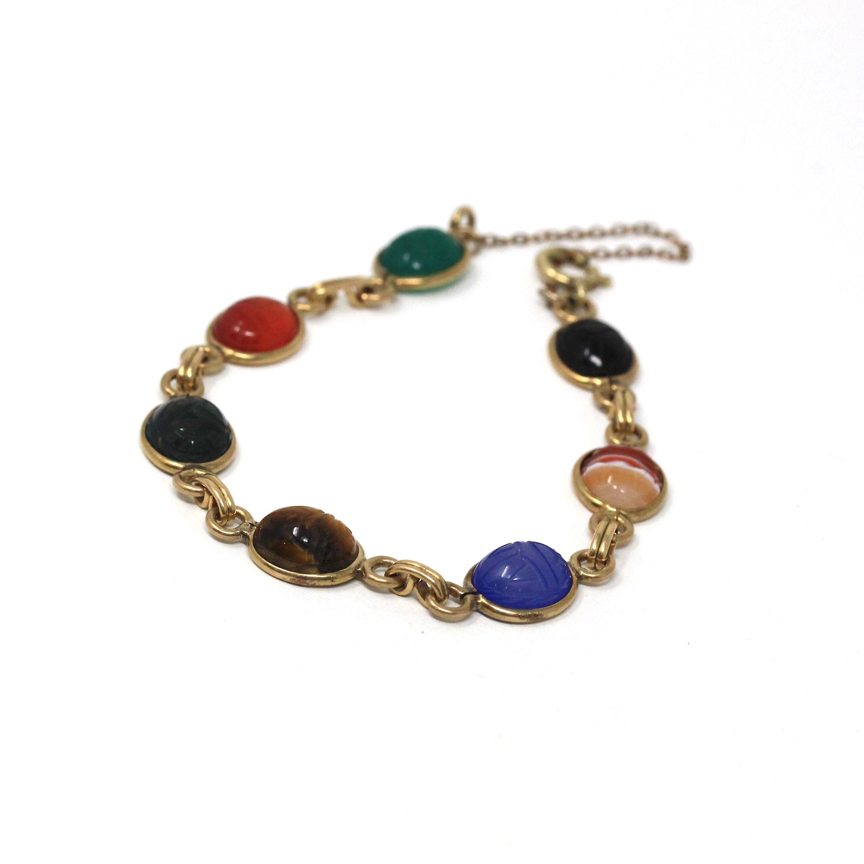 Vintage Scarab Bracelet - Retro 12k Gold Filled Carved Natural Gemstones - Circa 1960s Era Egyptian Revival Style Panel Linked 60s Jewelry