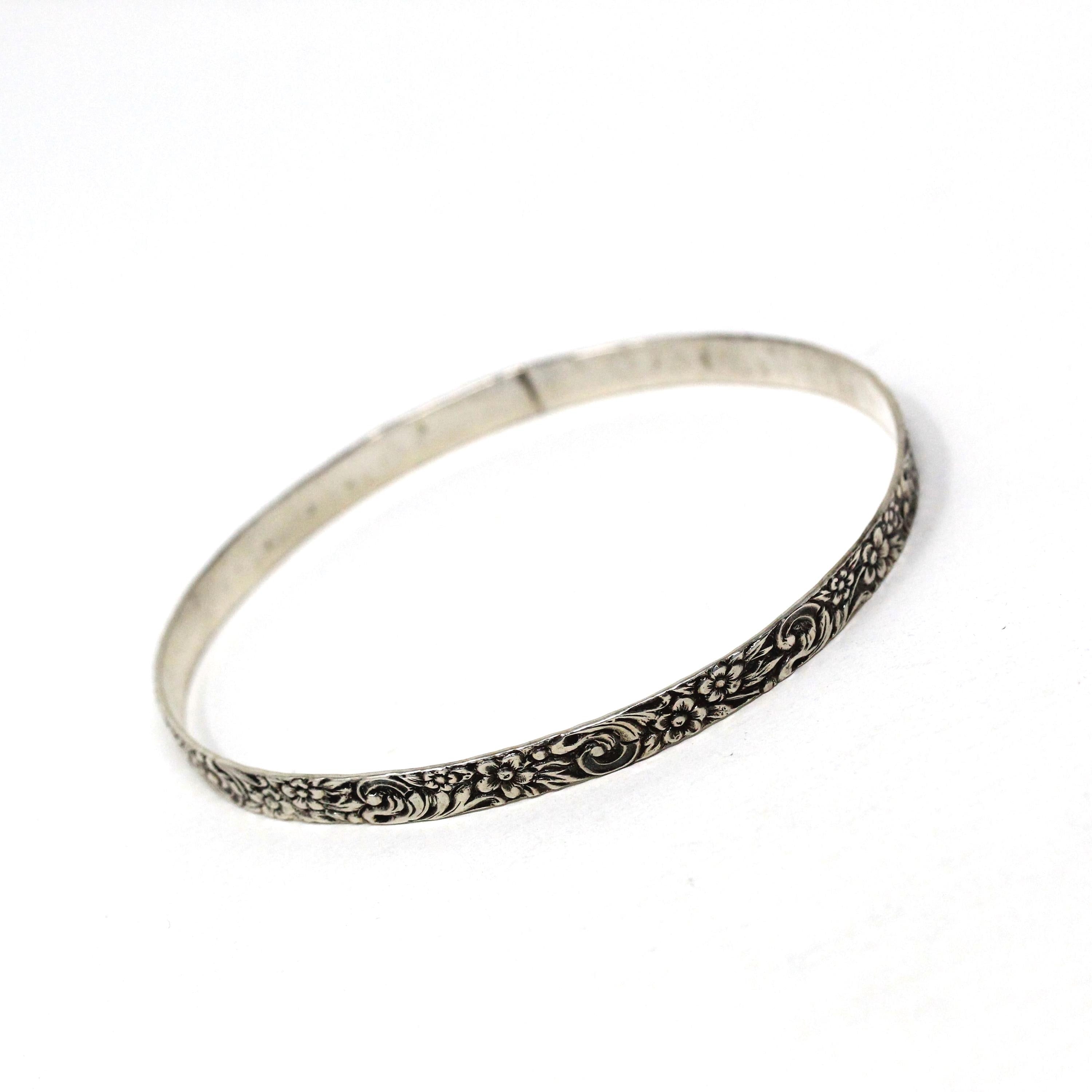 Vintage Flower Bracelet - Mid Century Sterling Silver Floral Eternity Designs 8 Inch Bangle - Circa 1960s Era Stacking Layer Fashion Jewelry