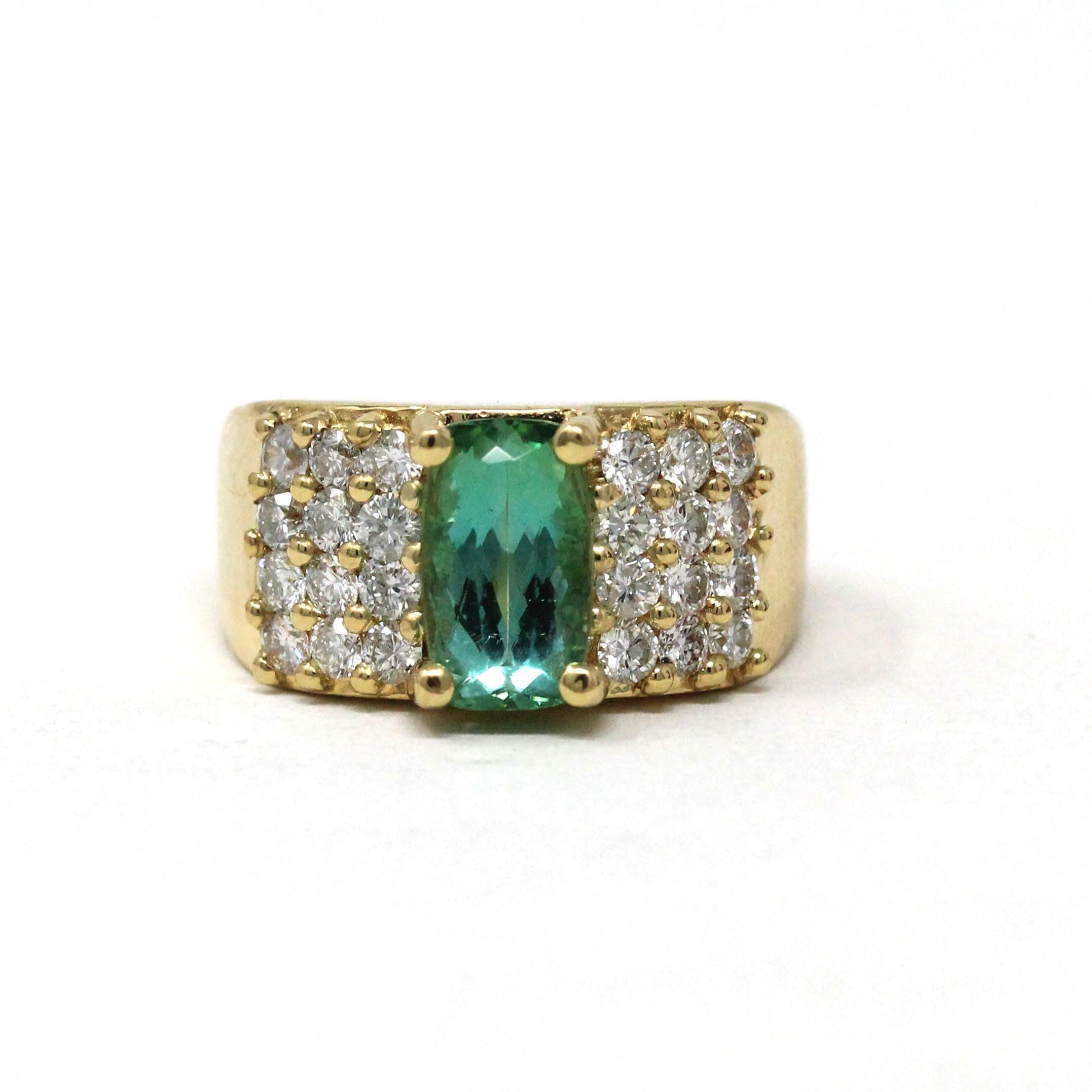 Tourmaline & Diamond Ring - Modern Era 18k Yellow Gold Natural Green Gemstone Statement - Estate Size 7 Bold October Birthstone Fine Jewelry