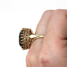 Smoky Quartz Ring - Retro 14k Yellow Gold Oval Faceted 12.15 CT Brown Gray Gemstone - Vintage Circa 1970s Era Size 7 Statement Fine Jewelry