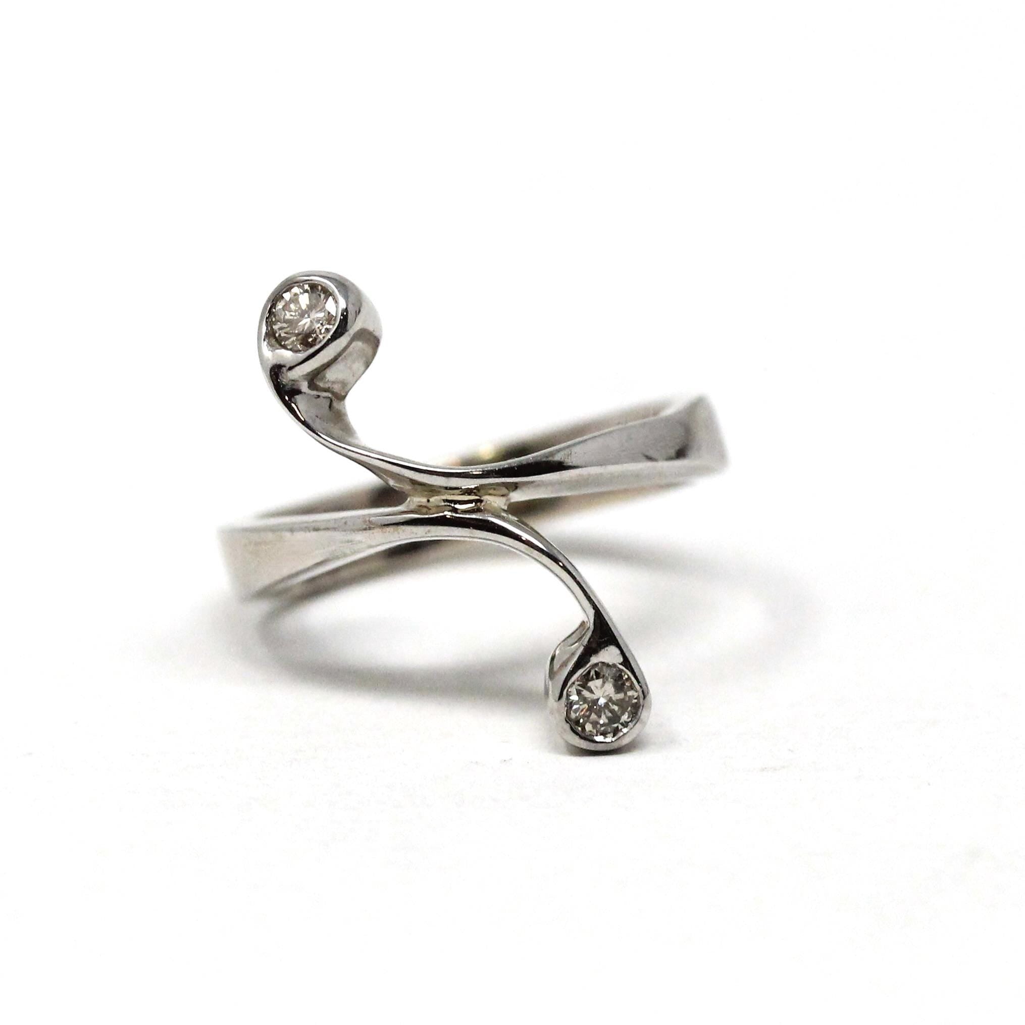 Diamond Bypass Ring - Estate 14k White Gold .12 CTW Bypass Band - Modern 2000s Size 3 1/2 Swoop Swirl April Birthstone Freeform Fine Jewelry