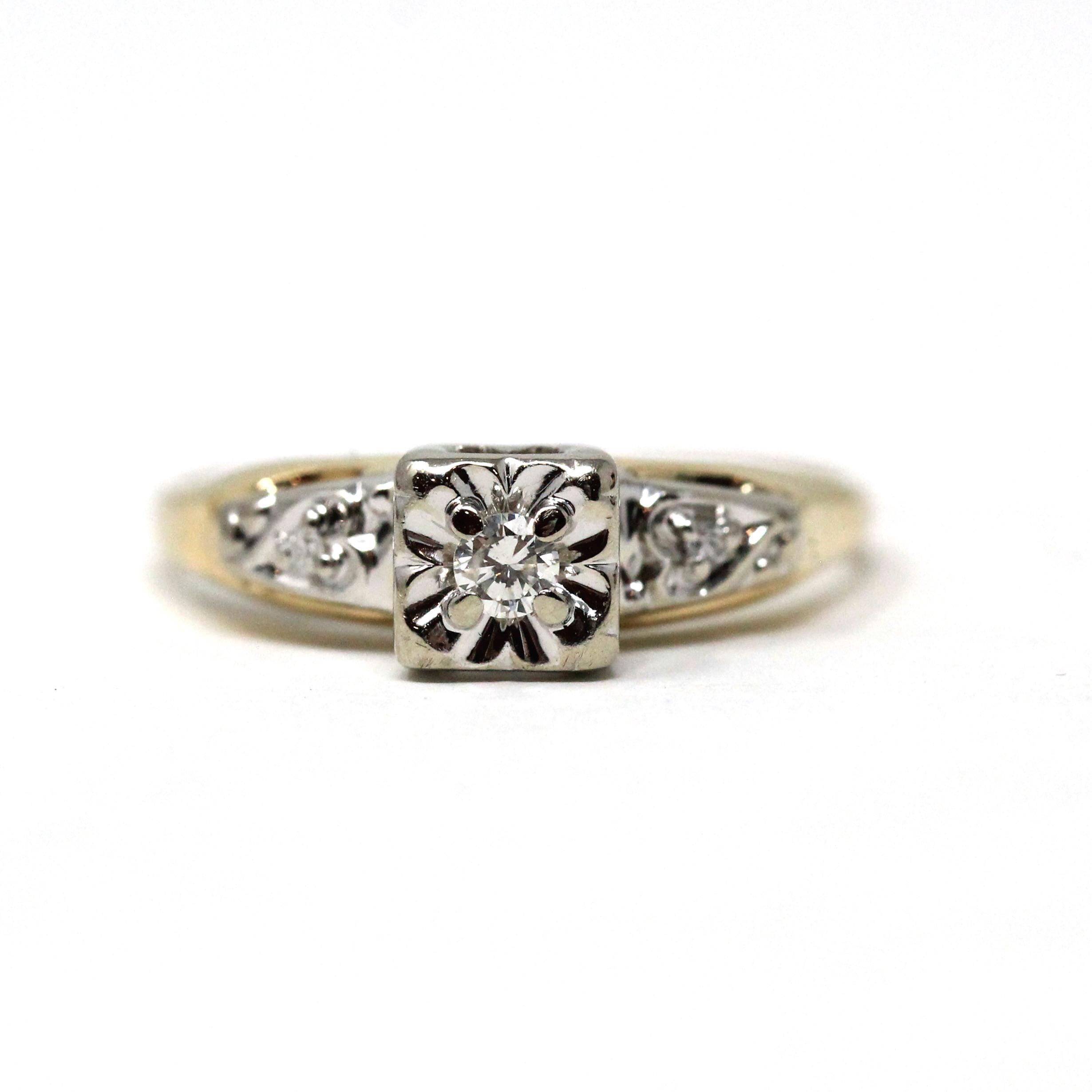 Vintage Diamond Ring - Mid Century 14k Yellow & White Gold .07 CTW Natural Solitaire Engagement - Circa 50s Size 6.75 Illusion Fine Jewelry