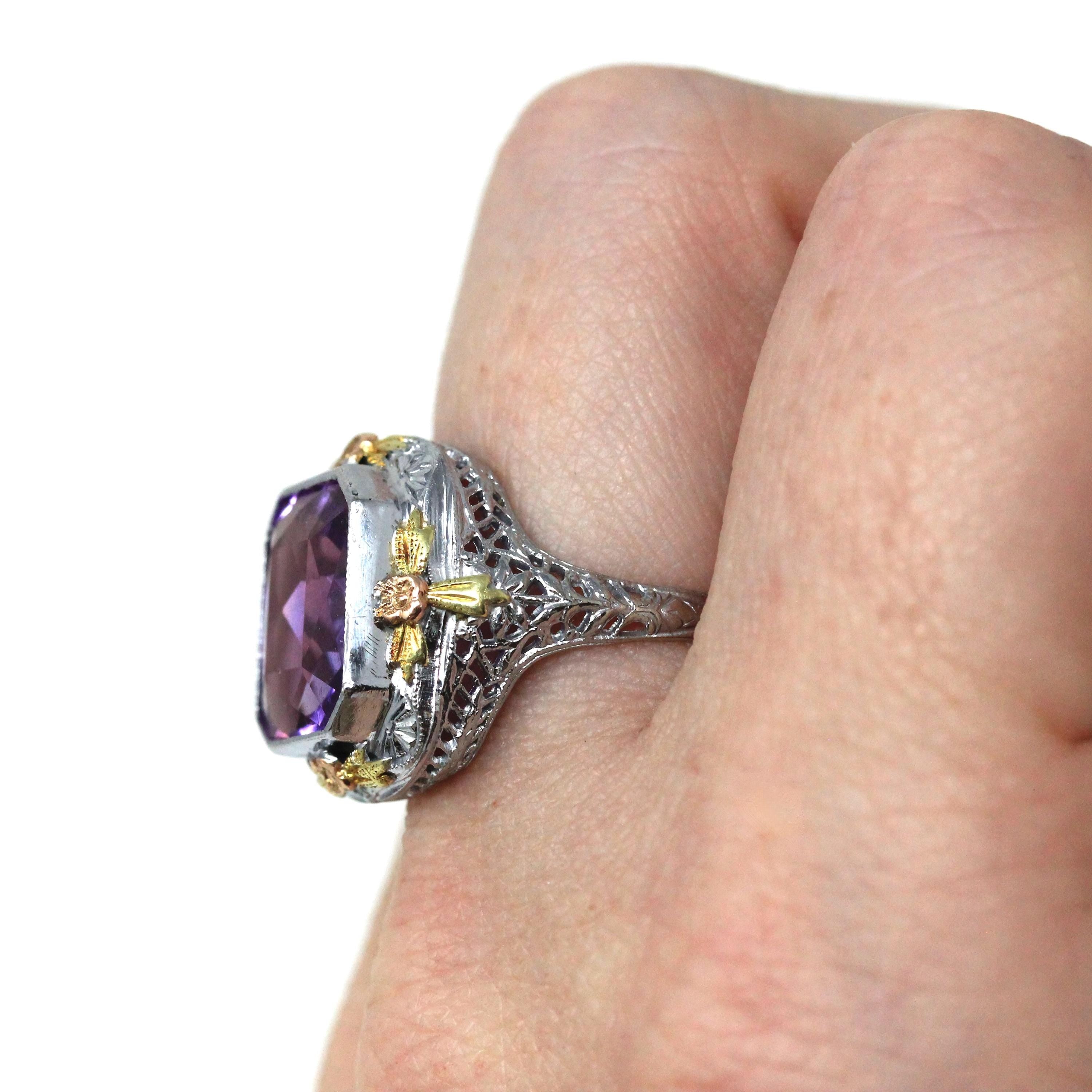 Art Deco Filigree Ring - Vintage 10k White Gold Created Color Change Purple Pink Sapphire - Circa 1930s Size 7 3/4 Tri Color Fine Jewelry