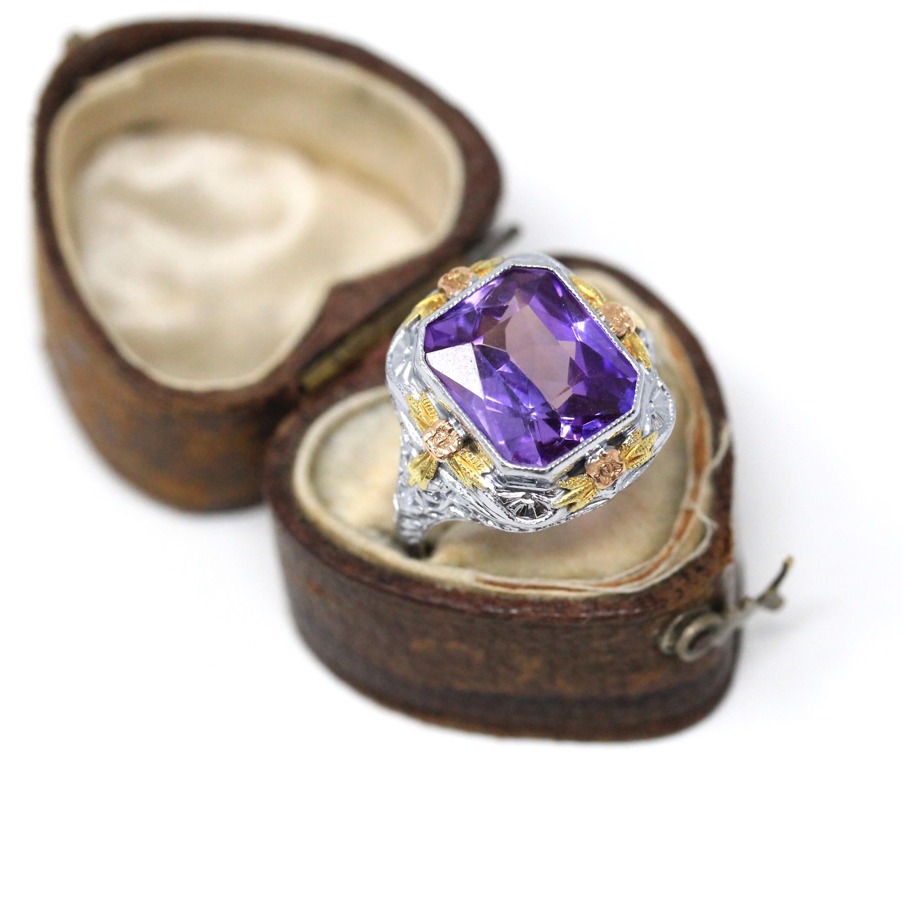 Art Deco Filigree Ring - Vintage 10k White Gold Created Color Change Purple Pink Sapphire - Circa 1930s Size 7 3/4 Tri Color Fine Jewelry