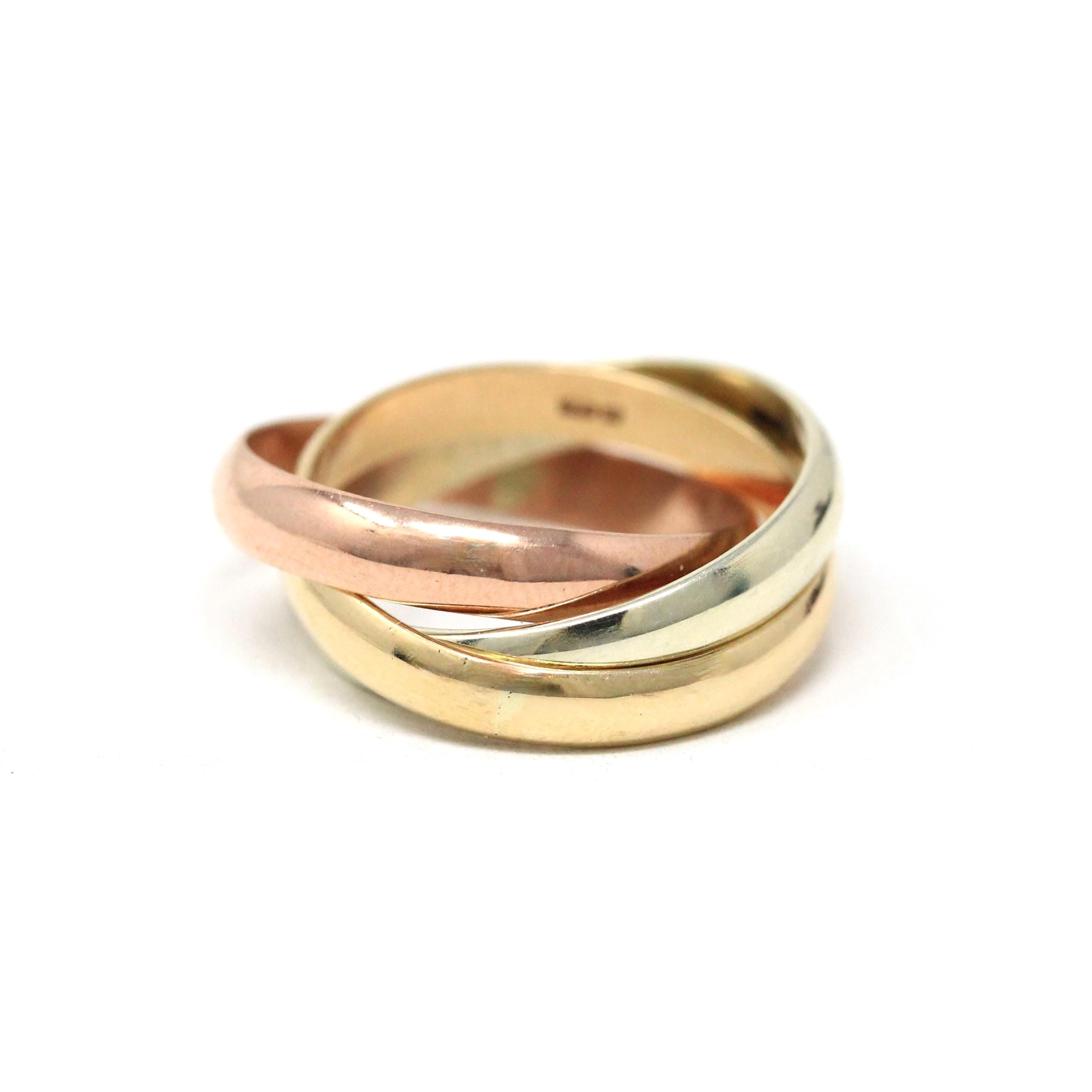 Rolling Trinity Ring - Vintage 9k Yellow Rose & White Gold Three Interlocking Bands - Modern Estate 1988 Size 3 1/4 Multi Tone Fine Jewelry