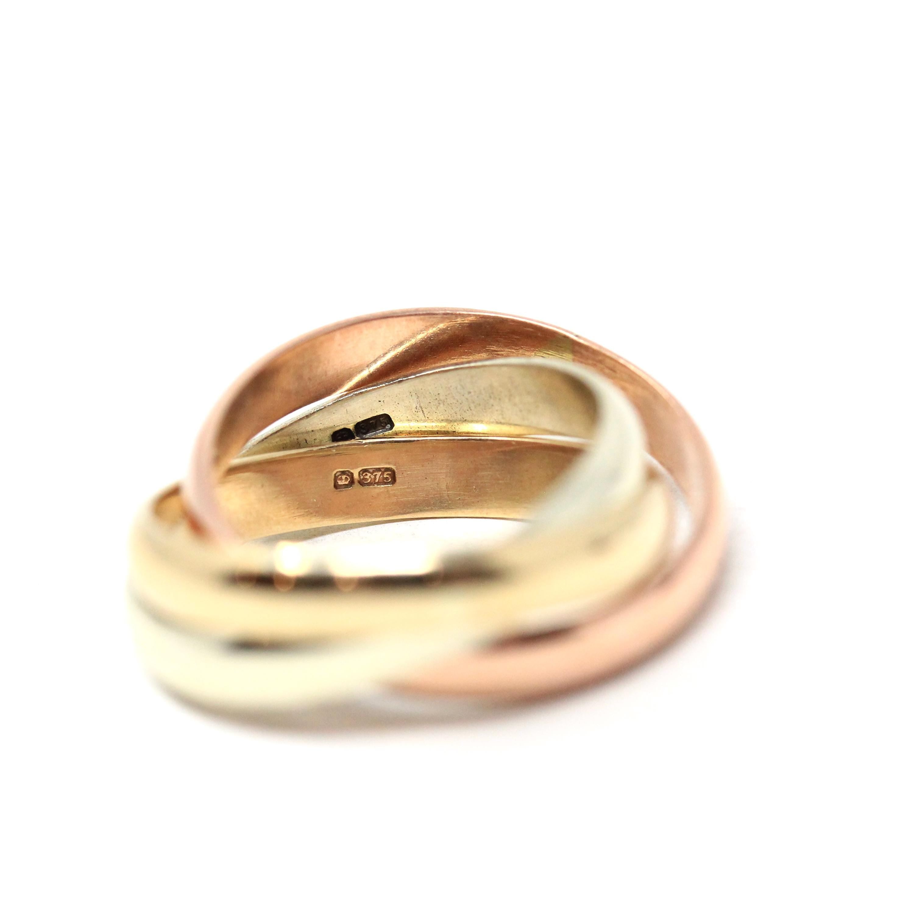 Rolling Trinity Ring - Vintage 9k Yellow Rose & White Gold Three Interlocking Bands - Modern Estate 1988 Size 3 1/4 Multi Tone Fine Jewelry