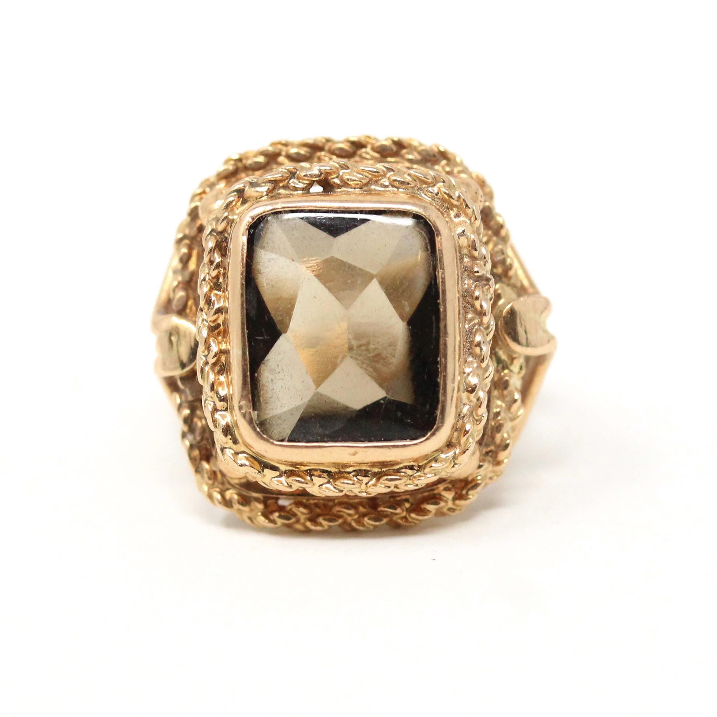 Vintage Smoky Quartz Ring - Retro Era 10k Yellow Gold Natural Gray Brown Gemstone - Circa 1970s Size 5.75 Split Shank Fine Statement Jewelry