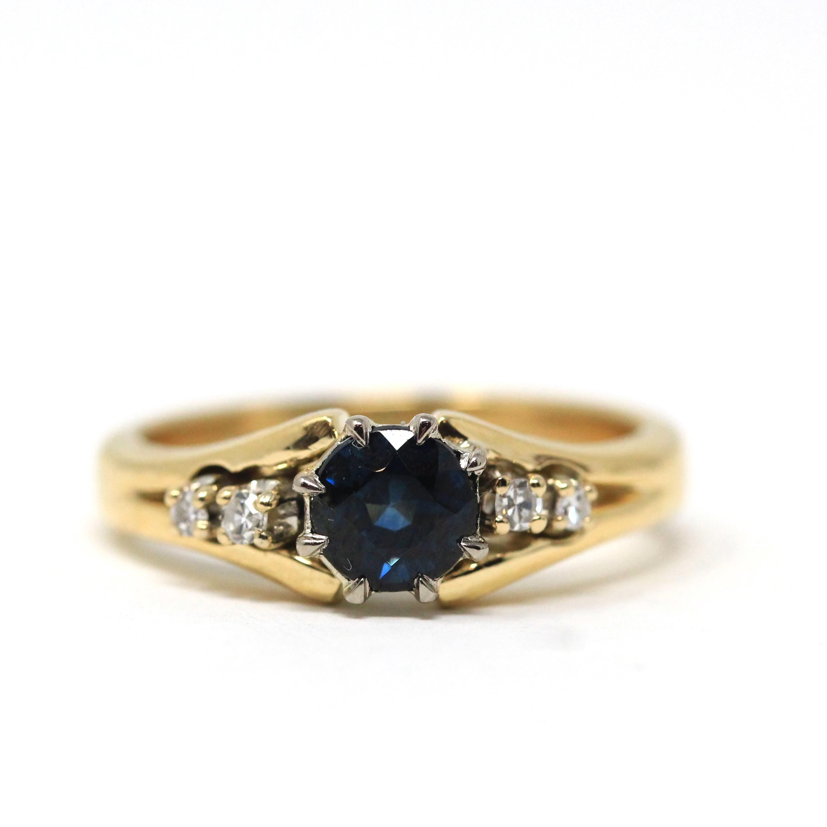 Modern Sapphire Ring - Vintage 18k Yellow Gold Natural Blue Gem & Diamond Accents - Estate Circa 1990s Era Size 6.5 Fine Statement Jewelry
