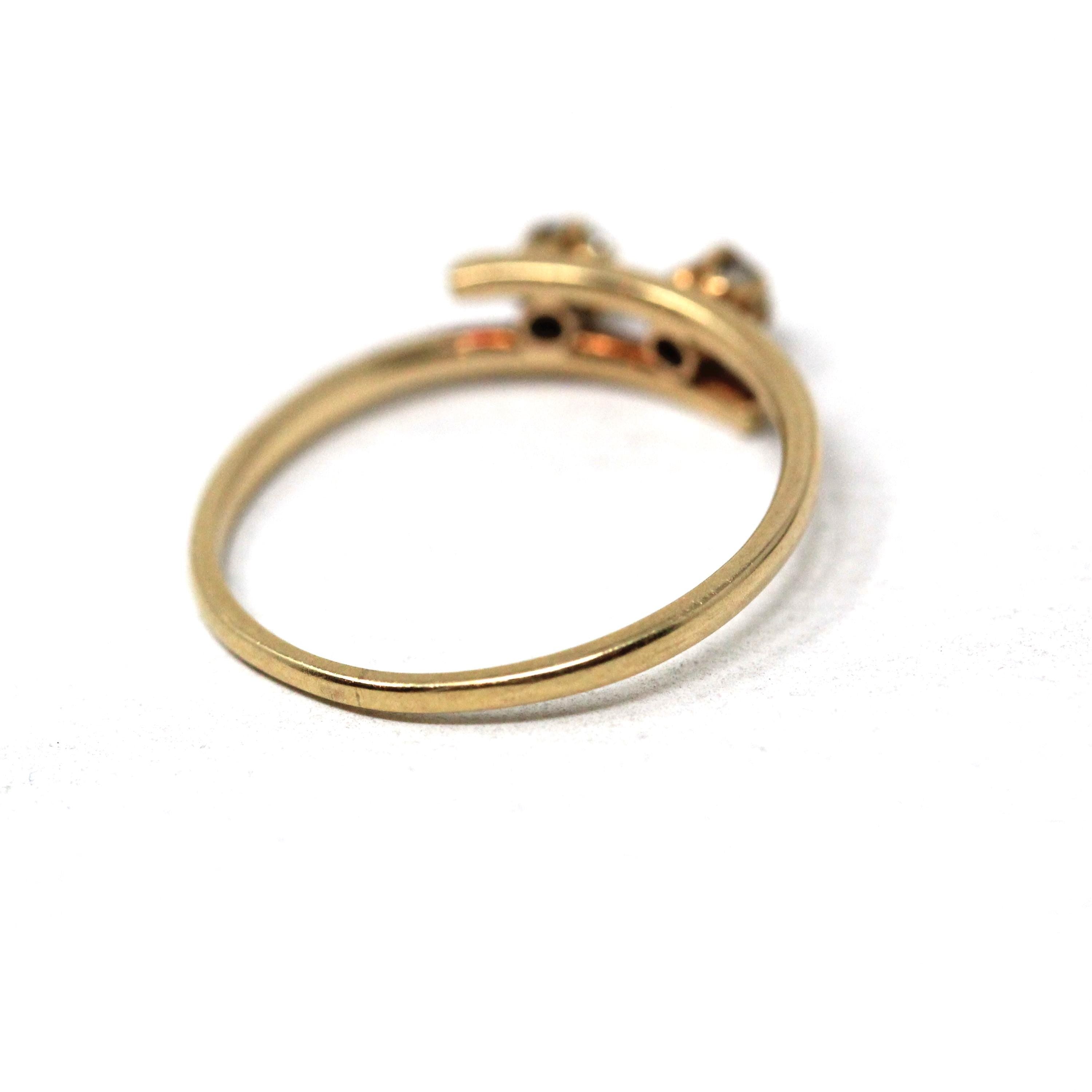 Diamond Bypass Ring - Mid Century 14k Yellow Gold Natural .08 CTW Old European Cut Two Stone Band - Circa 50s Size 5.25 Fine Bridal Jewelry