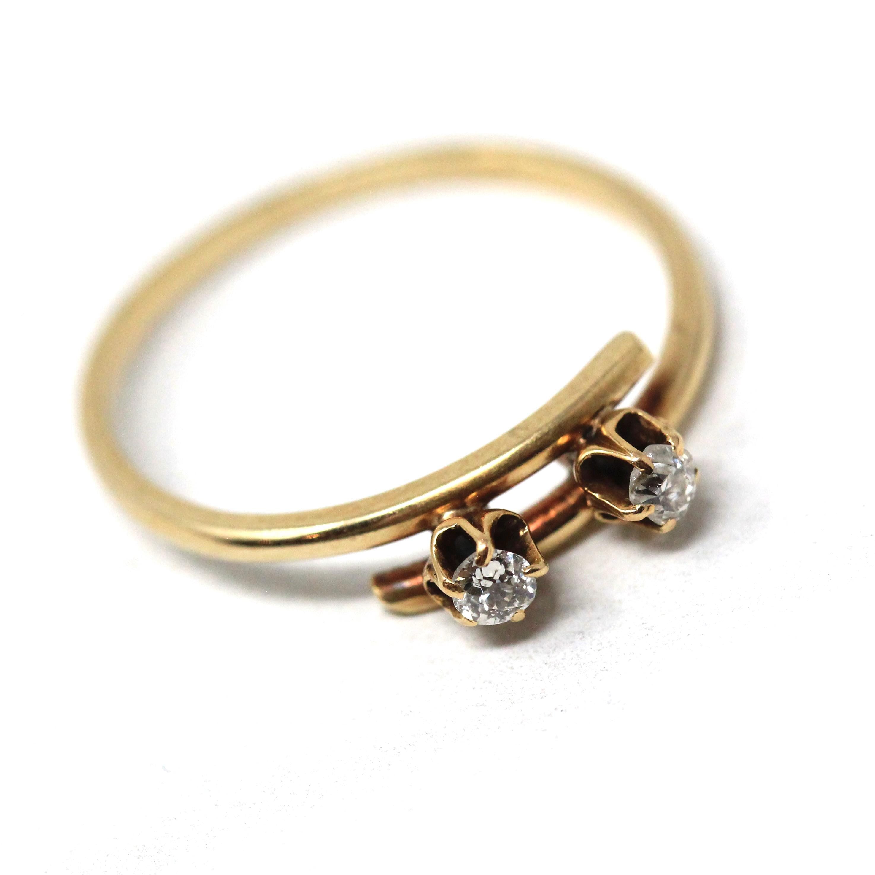 Diamond Bypass Ring - Mid Century 14k Yellow Gold Natural .08 CTW Old European Cut Two Stone Band - Circa 50s Size 5.25 Fine Bridal Jewelry