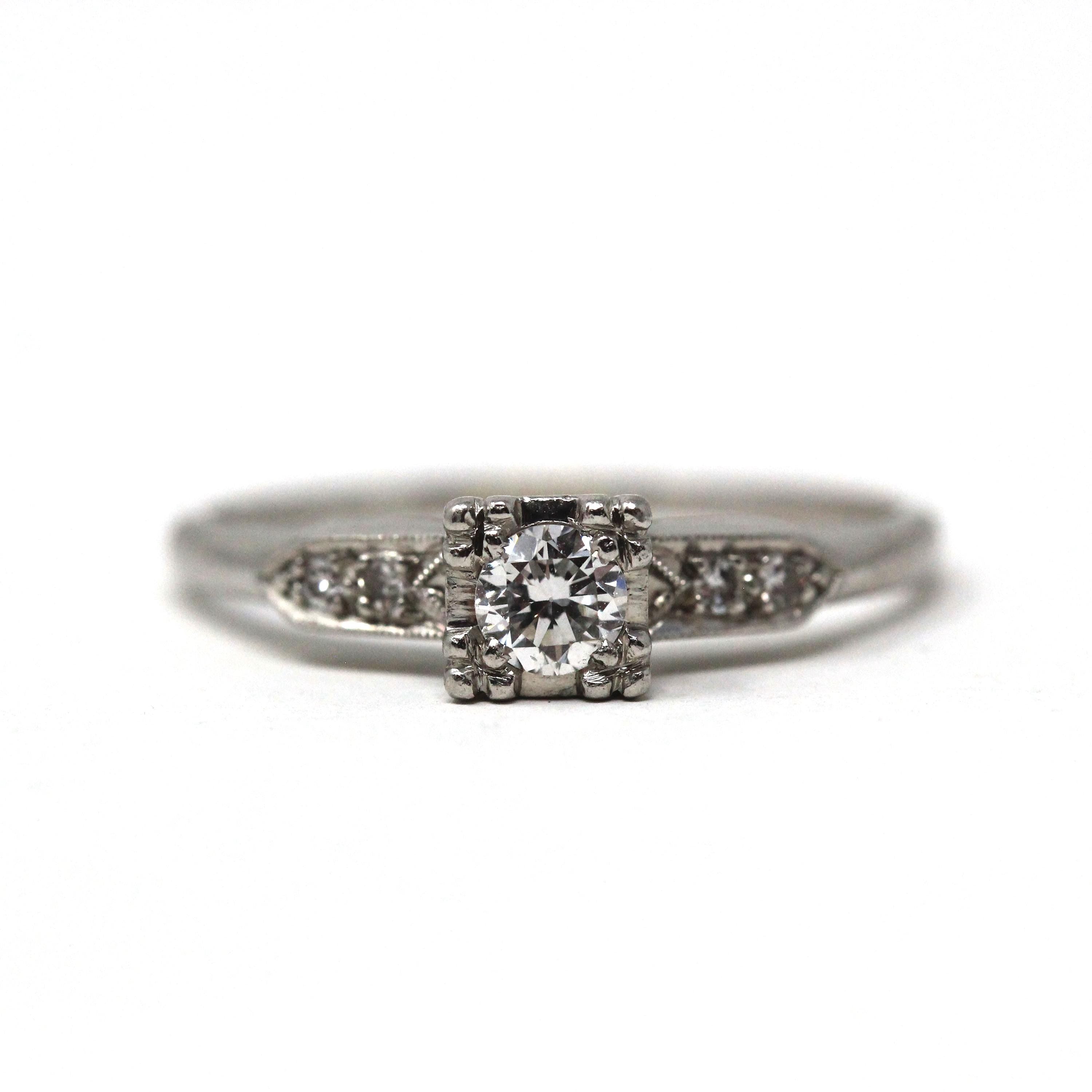 Mid Century Diamond Ring - Vintage Platinum Natural .20 CT Transitional Cut Gem - Circa 1950s Size 8 Square Illusion Engagement Fine Jewelry