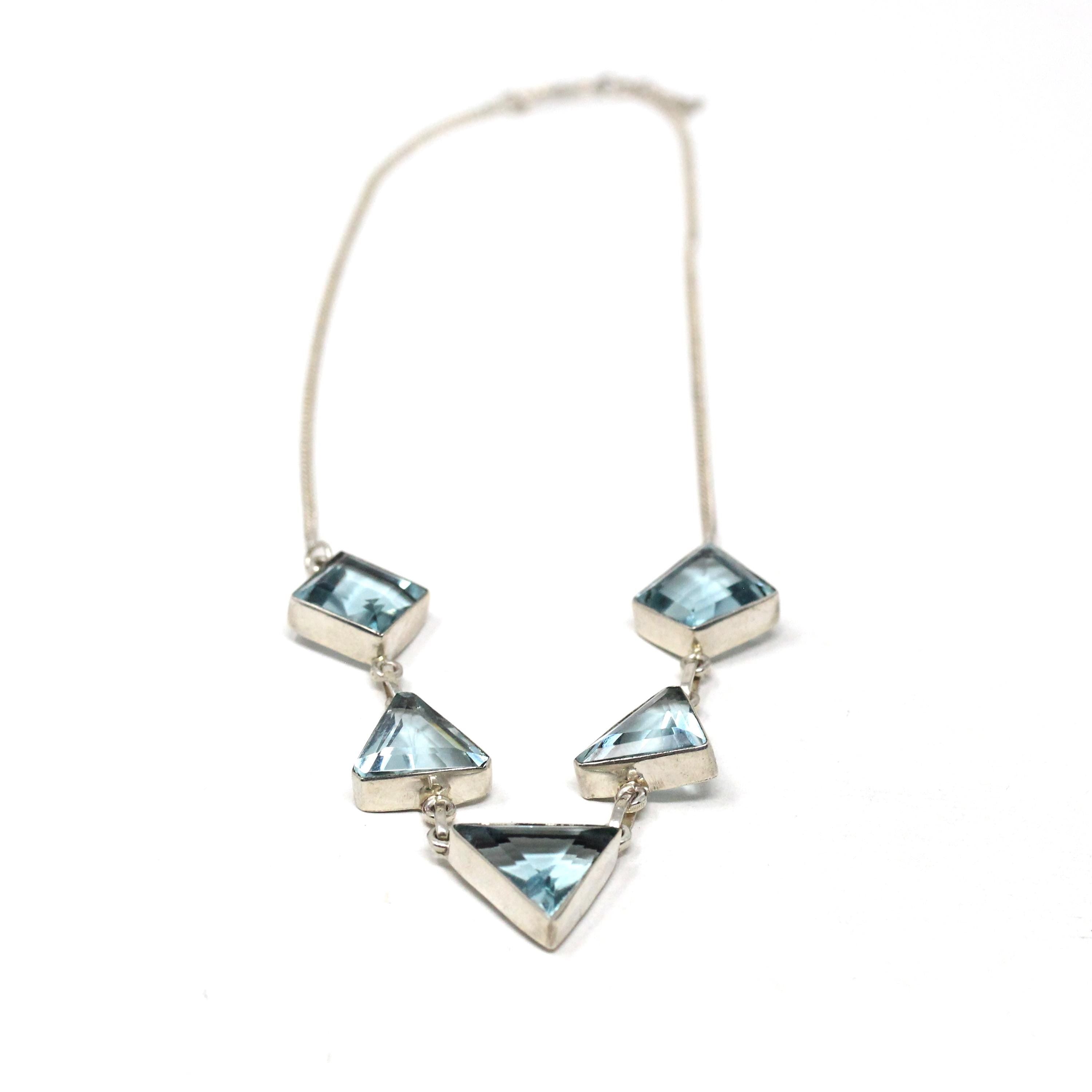 Modern Geometric Necklace - Estate Sterling Silver Simulated Blue Topaz Triangle Polygon - Circa 2000s Aquamarine Glass Station Fine Jewelry