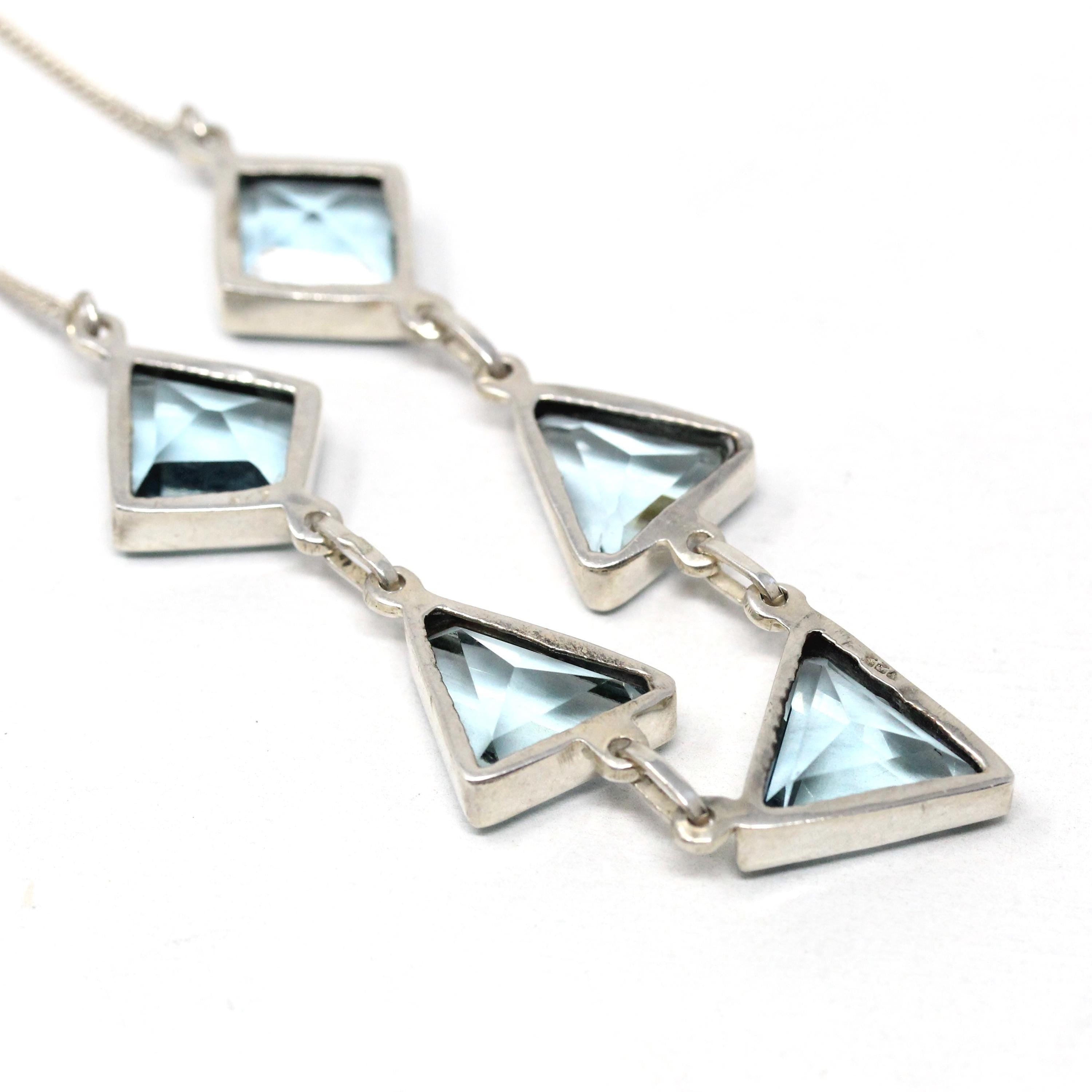 Modern Geometric Necklace - Estate Sterling Silver Simulated Blue Topaz Triangle Polygon - Circa 2000s Aquamarine Glass Station Fine Jewelry