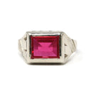 Created Ruby Ring - Art Deco 14k White Gold Red 2.83 CT Stone - Vintage Circa 1930s Era Size 9 July Birthstone Statement Fine Unisex Jewelry
