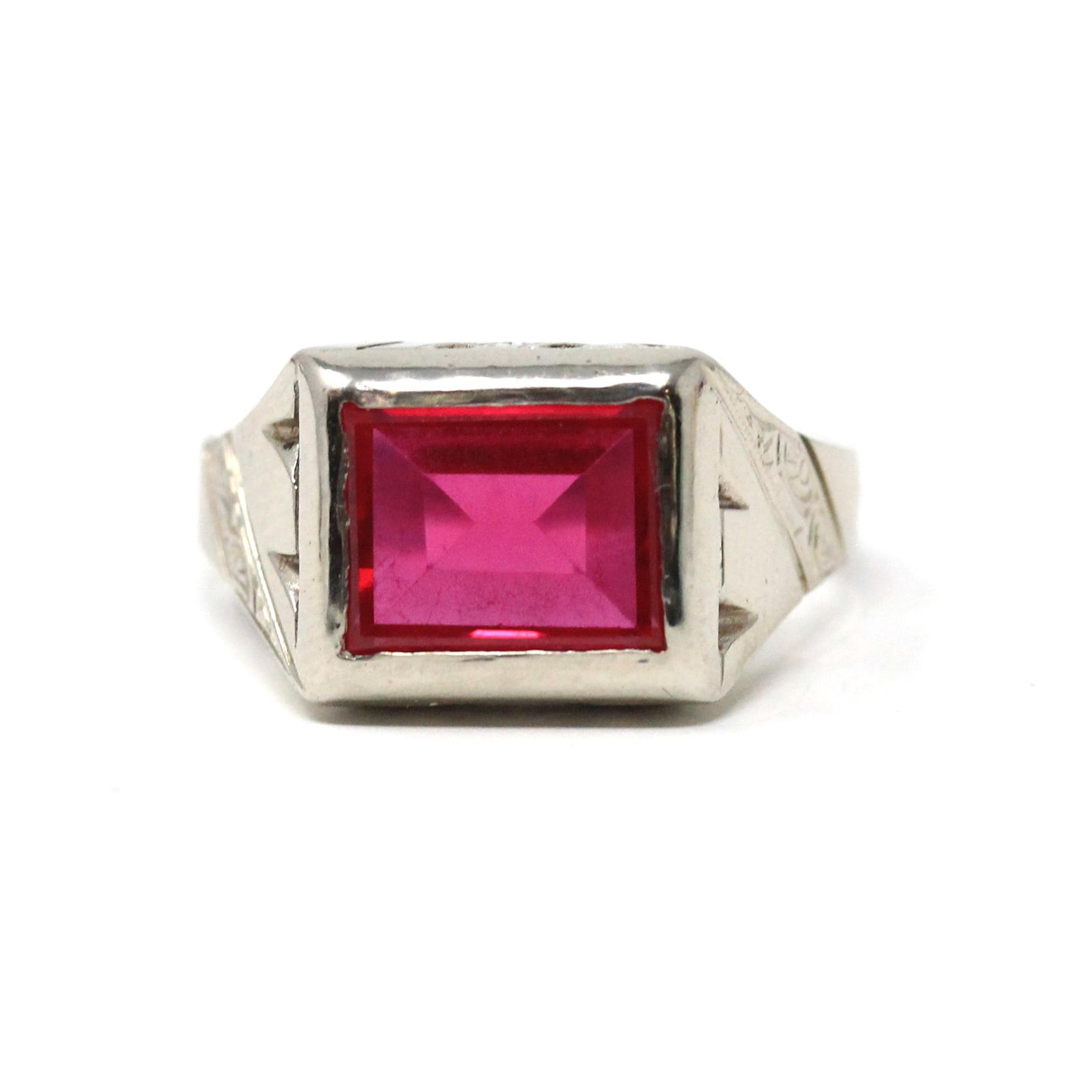 Created Ruby Ring - Art Deco 14k White Gold Red 2.83 CT Stone - Vintage Circa 1930s Era Size 9 July Birthstone Statement Fine Unisex Jewelry