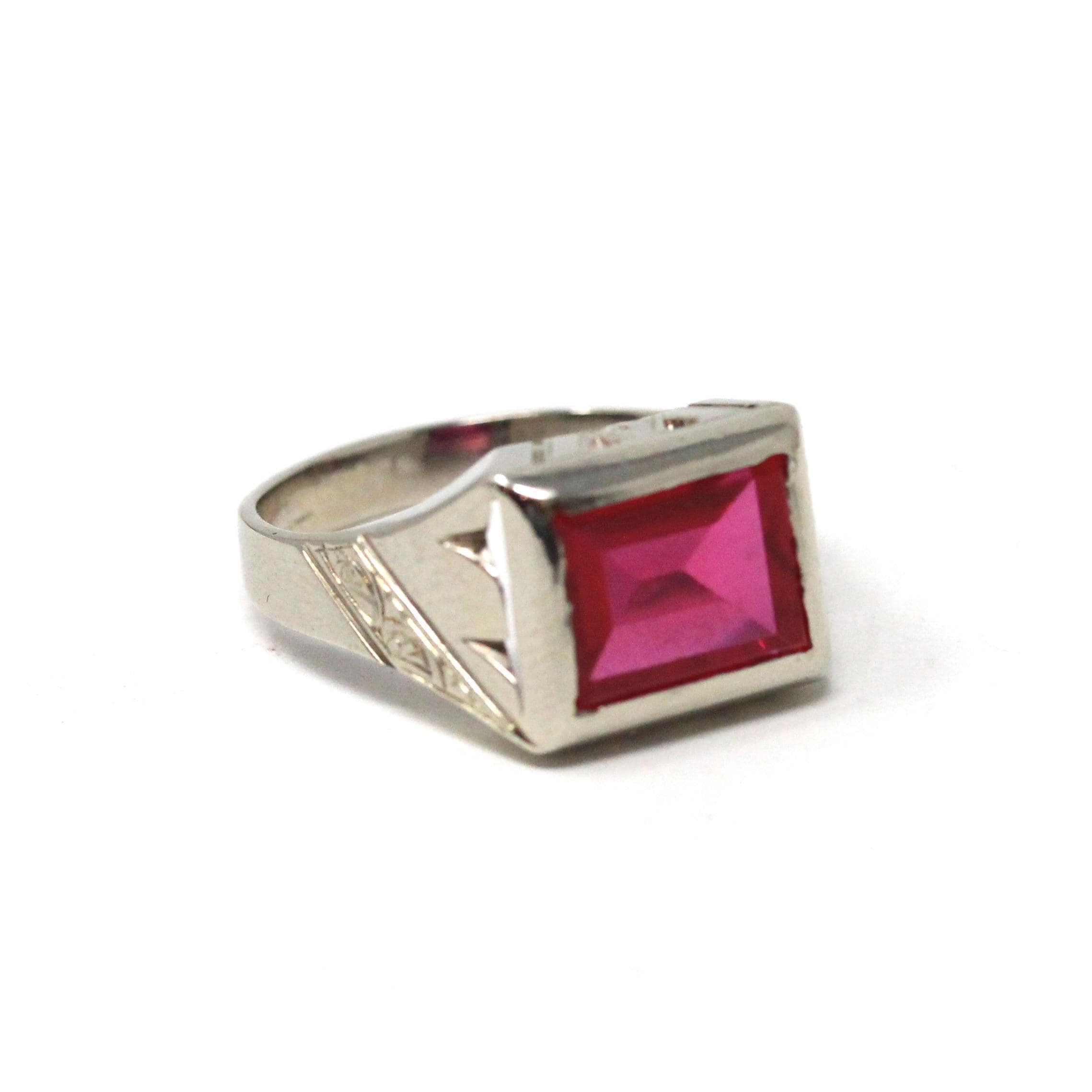 Created Ruby Ring - Art Deco 14k White Gold Red 2.83 CT Stone - Vintage Circa 1930s Era Size 9 July Birthstone Statement Fine Unisex Jewelry