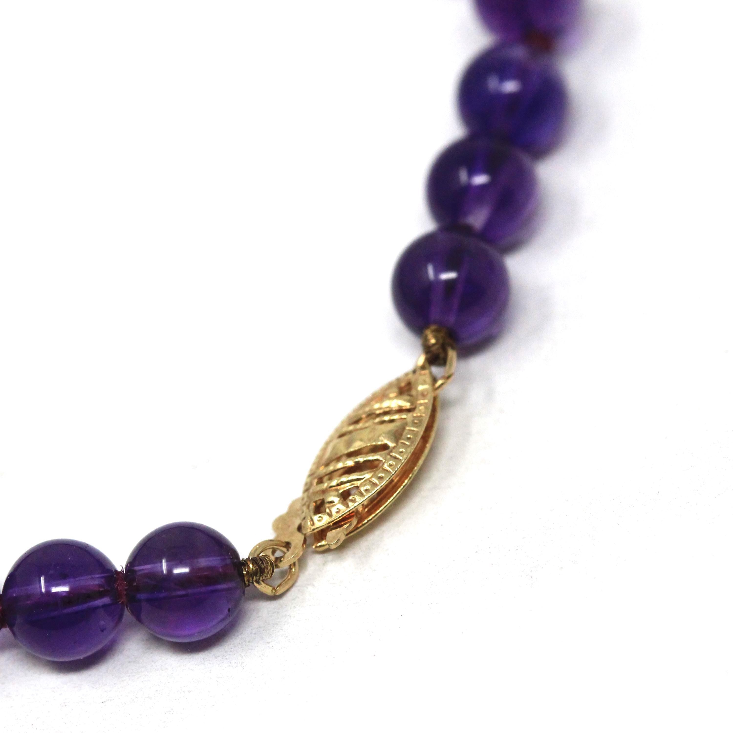 Vintage Amethyst Necklace - Retro Era 14k Yellow Gold Genuine Natural Purple Bead Chain - Circa 1960s Round Fish Hook Clasp Fine 60s Jewelry