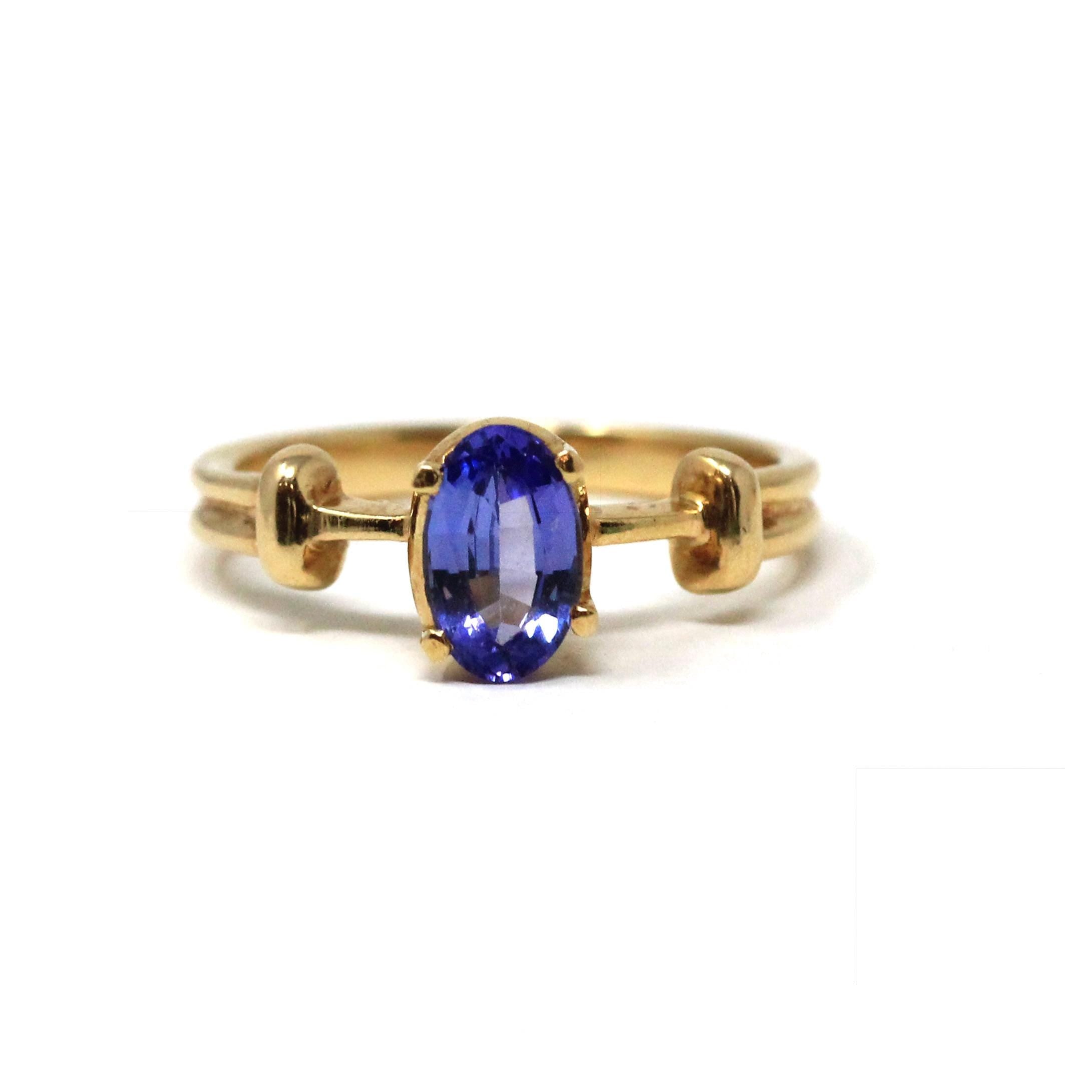 Natural Tanzanite Ring - Modern 18k Yellow Gold Oval Faceted .74 CT Purple Gemstone - Estate Circa 2000's Size 6 1/4 Solitaire Fine Jewelry