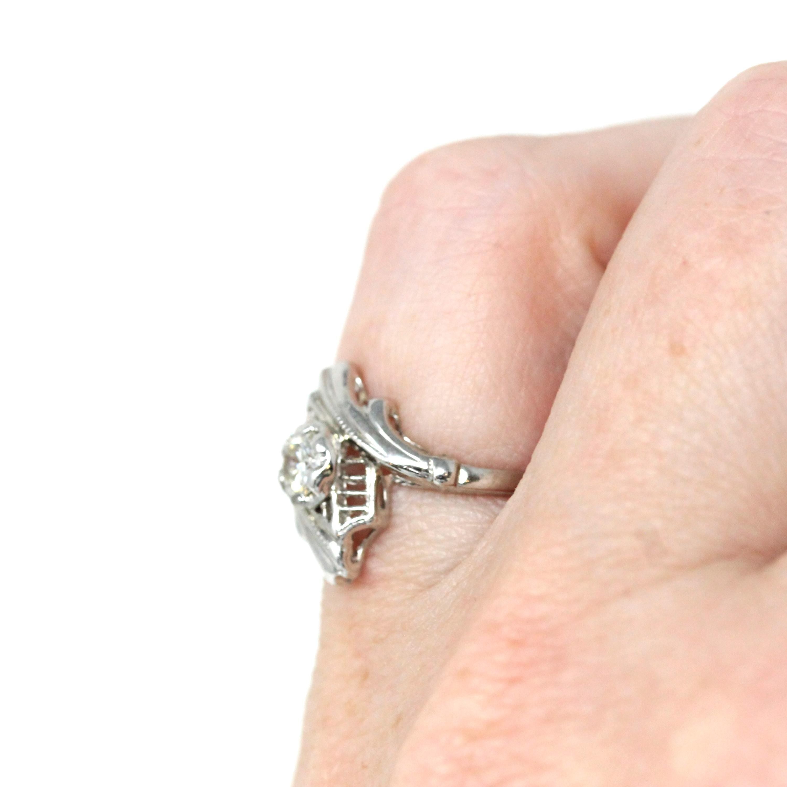 Art Deco Bypass Ring - Vintage 14k White Gold Solitaire Round 0.32 CT Diamond Gemstone - Circa 1930s Era Size 4 1/2 Fine Statement Jewelry