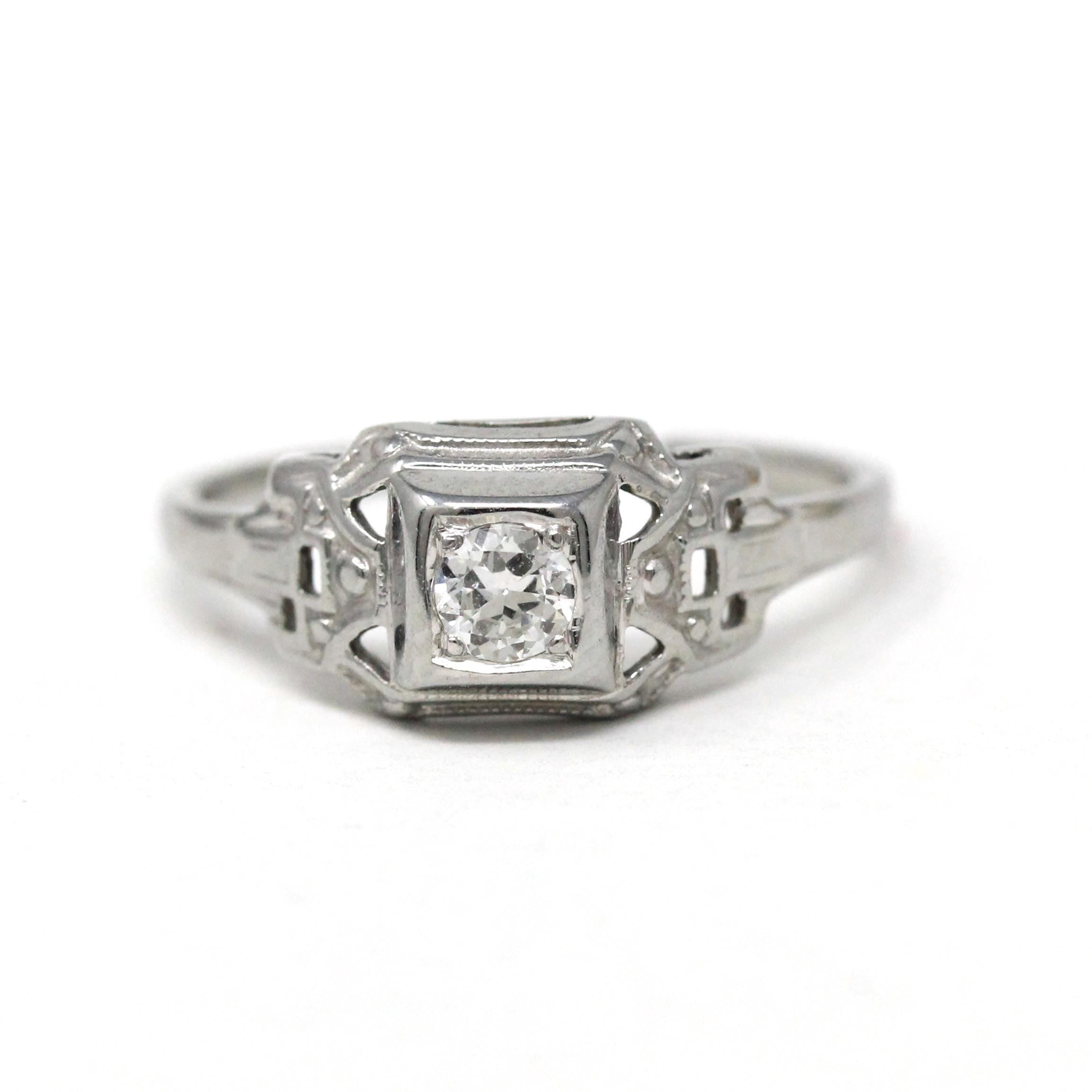 Vintage Diamond Ring - Art Deco 18k White Gold Natural Solitaire Engagement - Circa 1930s Era Size 5 1/2 Geometric Fine Statement Jewelry