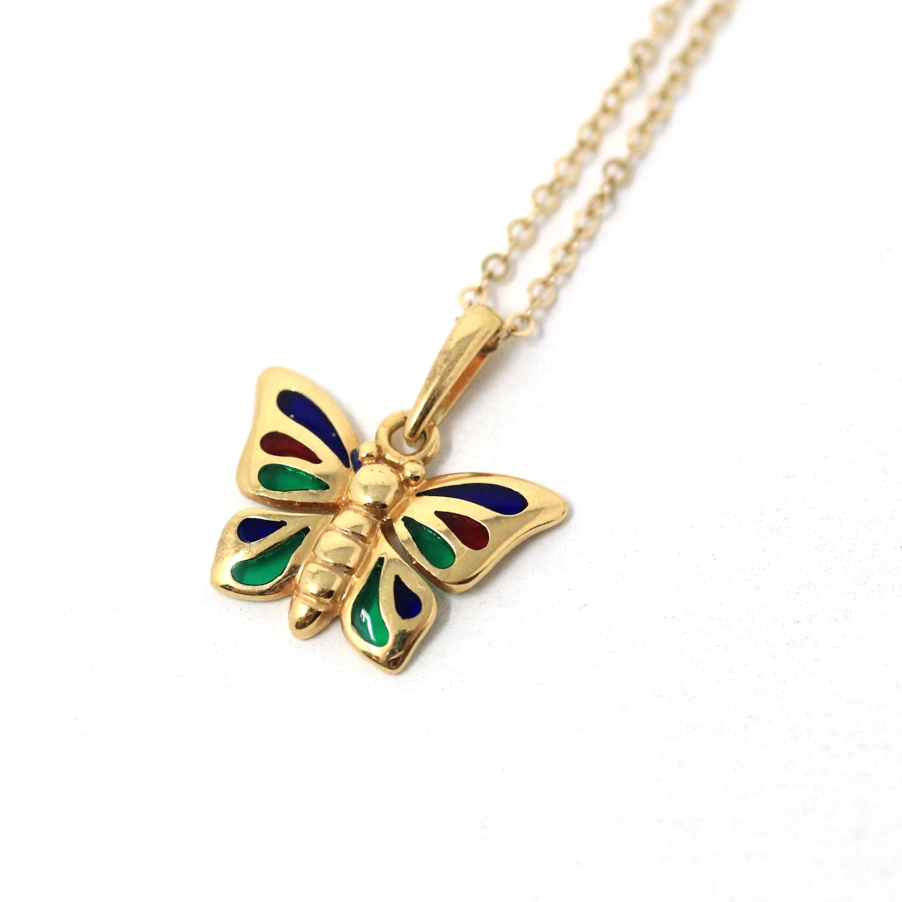 Modern Butterfly Necklace - Estate 18k Yellow Gold Flying Bug Colorful Pendant Charm - Circa 2000s Red Blue Green Glass Inlay Fine Jewelry