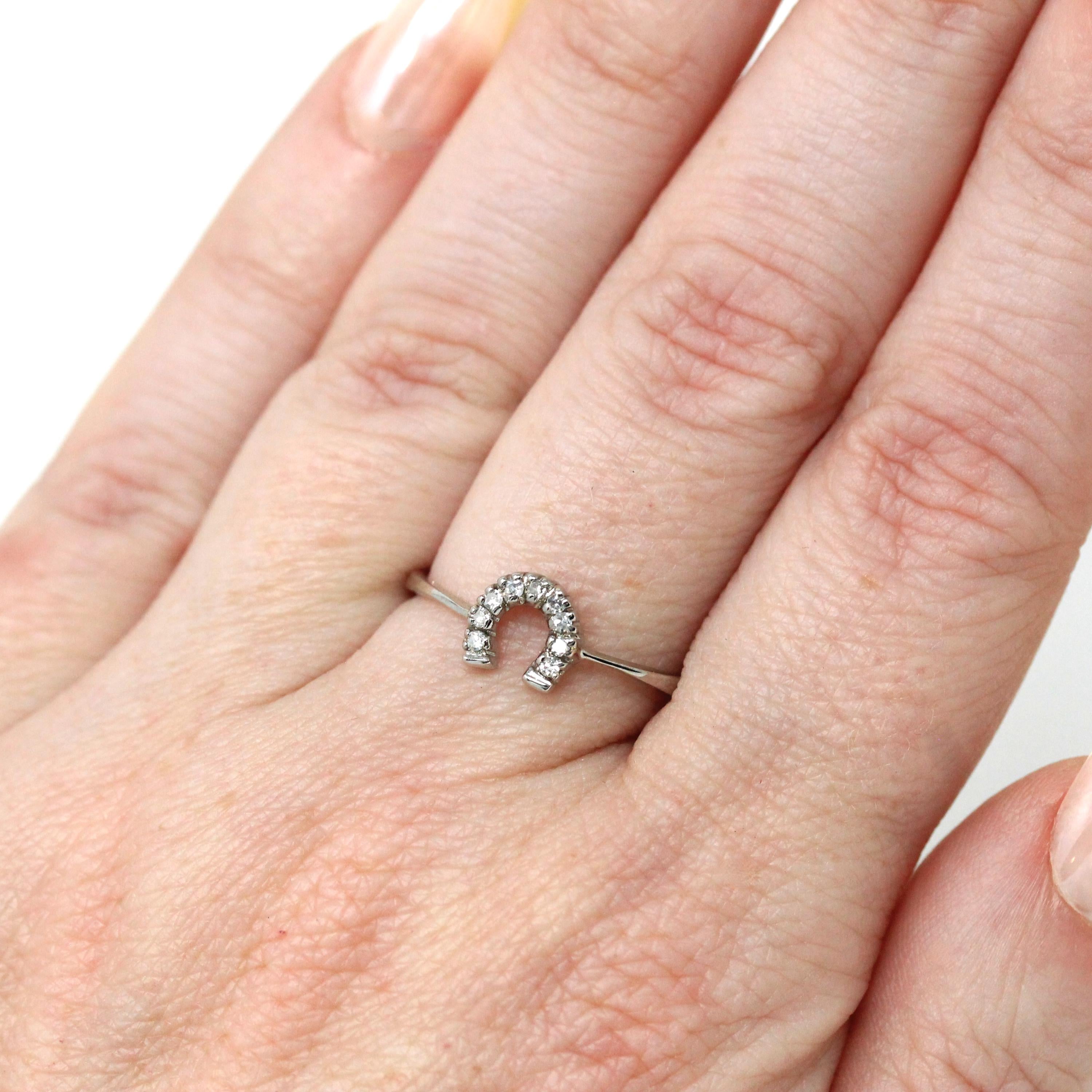 Diamond Horseshoe Ring - Modern 10k White Gold Natural Gemstones - Estate Dainty Size 6 1/4 Equestrian Horse Good Luck Love Joy Fine Jewelry