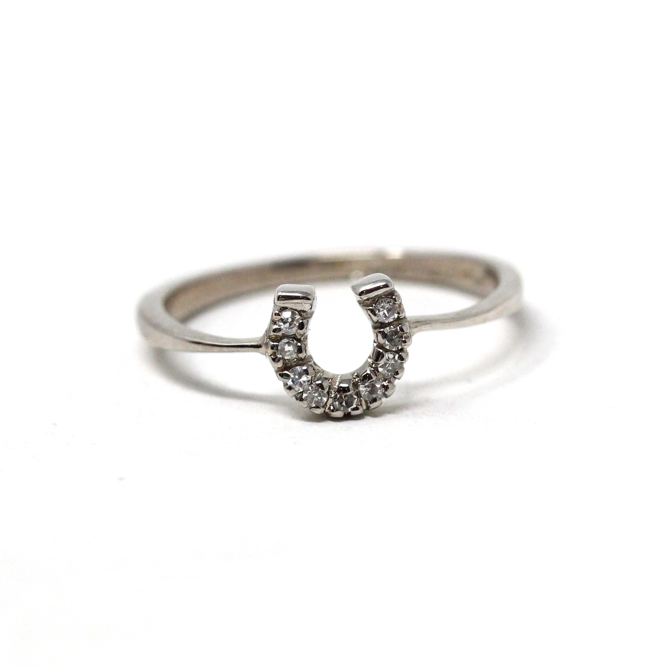 Diamond Horseshoe Ring - Modern 10k White Gold Natural Gemstones - Estate Dainty Size 6 1/4 Equestrian Horse Good Luck Love Joy Fine Jewelry