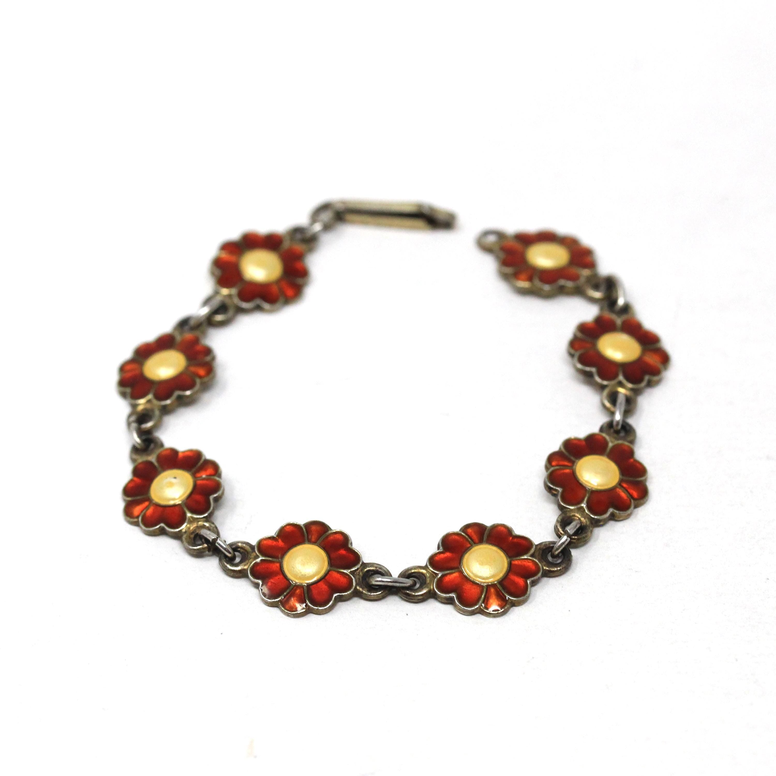 Guilloche Enamel Bracelet - Vintage Silver Orange Yellow Flower Panel Links - Circa 1940s Signed Einar Modahl Collectible Norwegian Jewelry