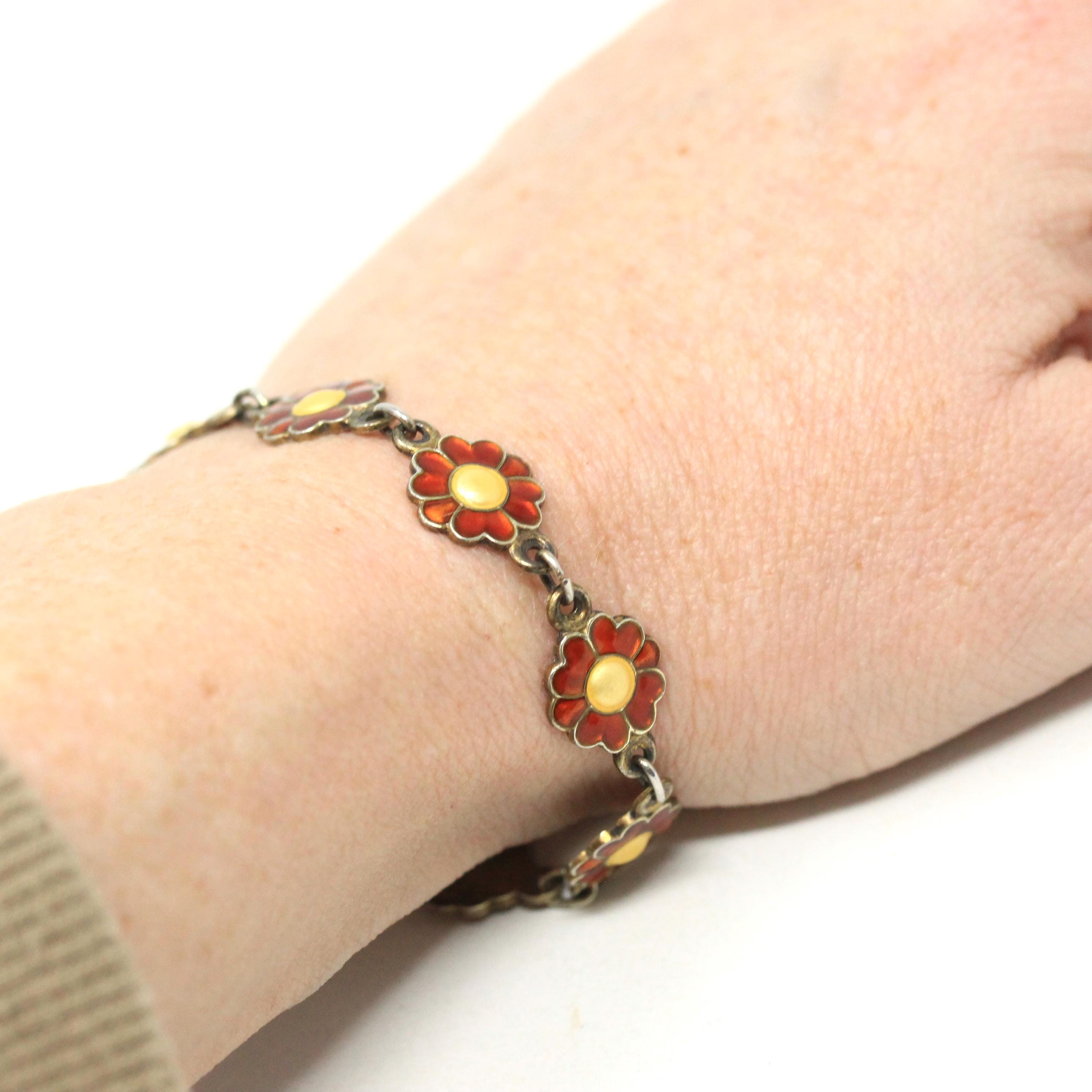 Guilloche Enamel Bracelet - Vintage Silver Orange Yellow Flower Panel Links - Circa 1940s Signed Einar Modahl Collectible Norwegian Jewelry