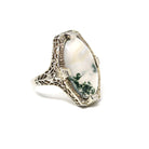 Antique Moss Agate Ring - Art Deco Era 14k White Gold Natural Gemstone - Vintage 1920s Size 3 1/2 Floral Filigree Shield Style Fine Jewelry